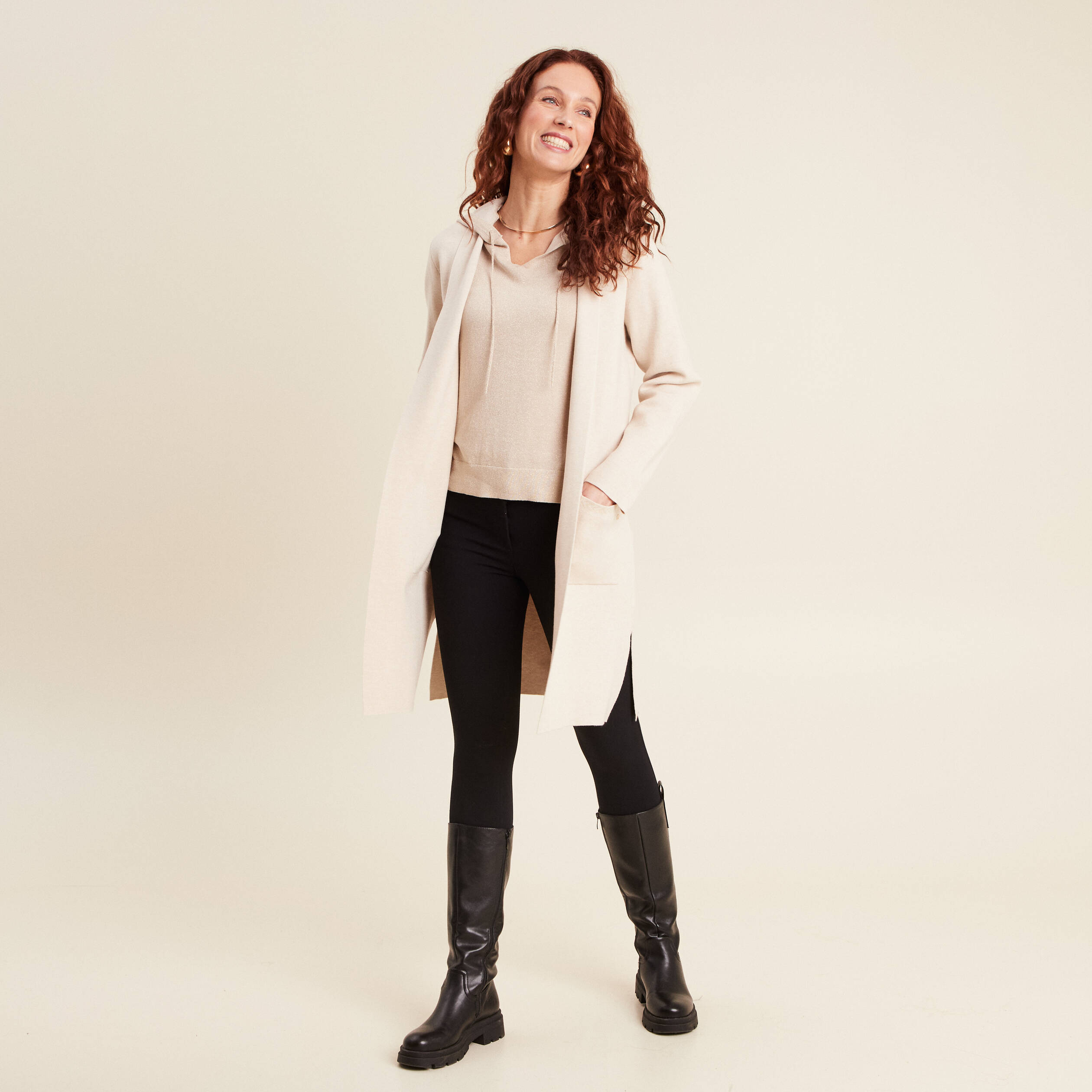 Gilet long manches longues creme femme