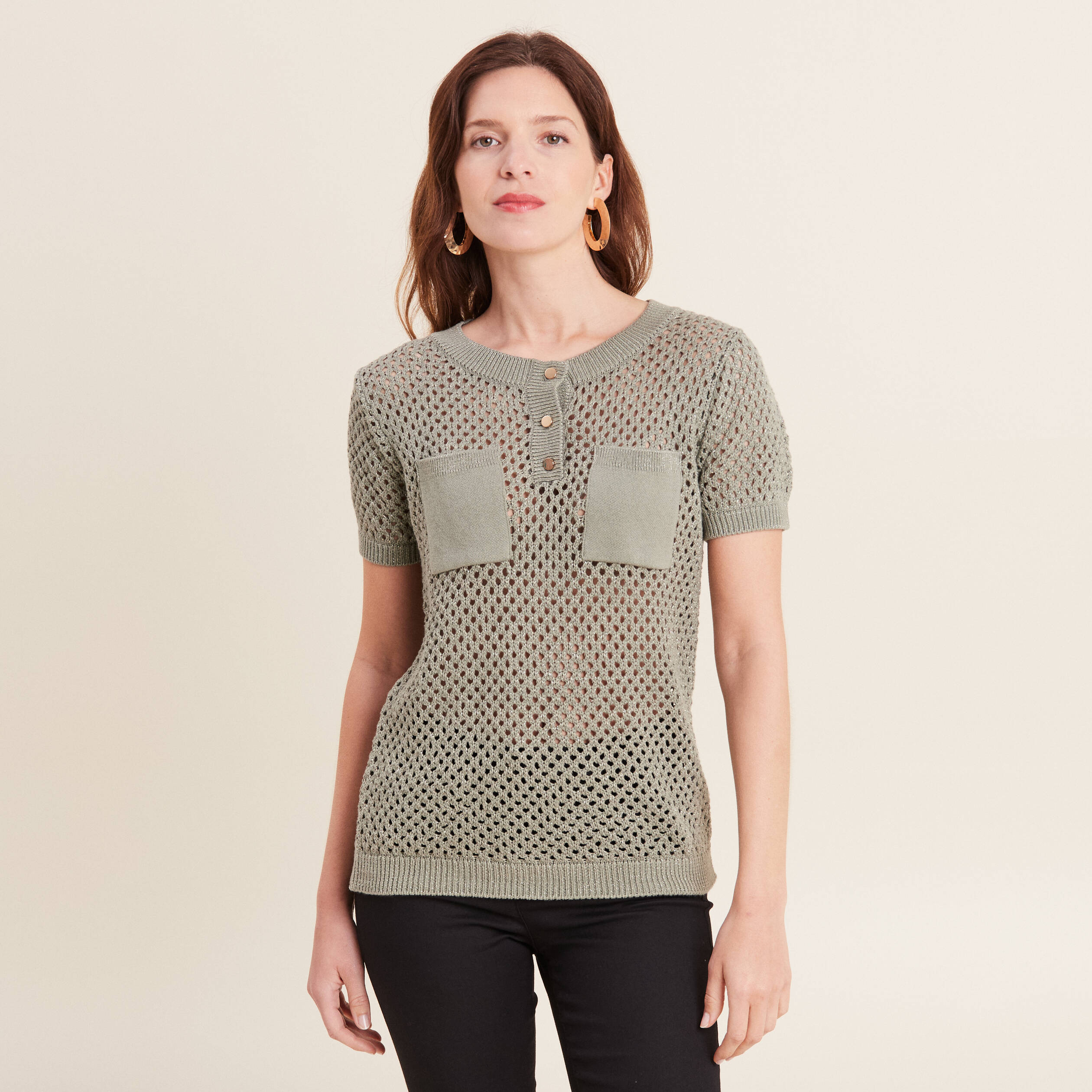 pull manches courtes ajoure vert clair femme Pull manches courtes ajouré vert clair femme