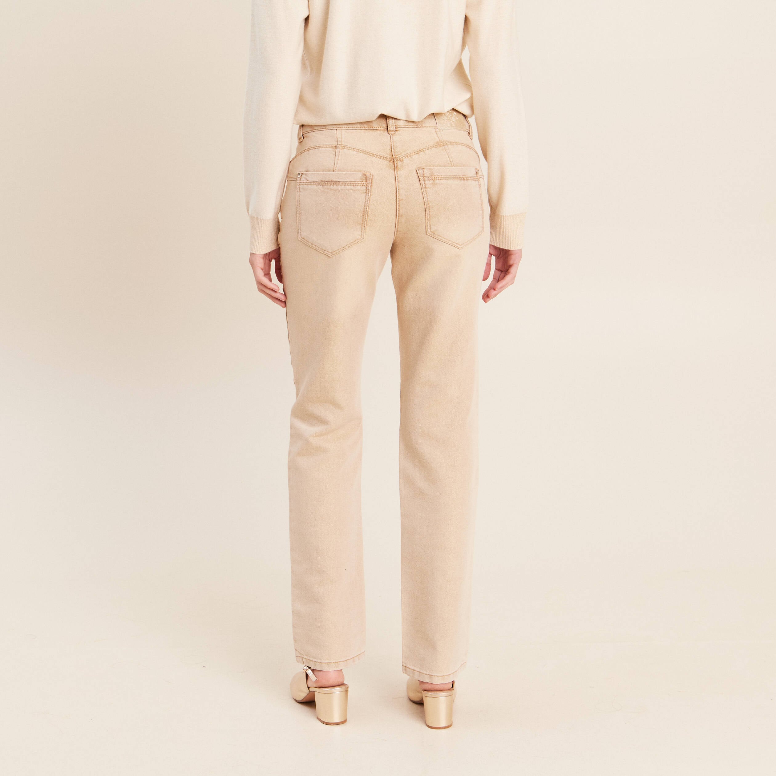 Jean taille bascul&eacute;e denim beige femme