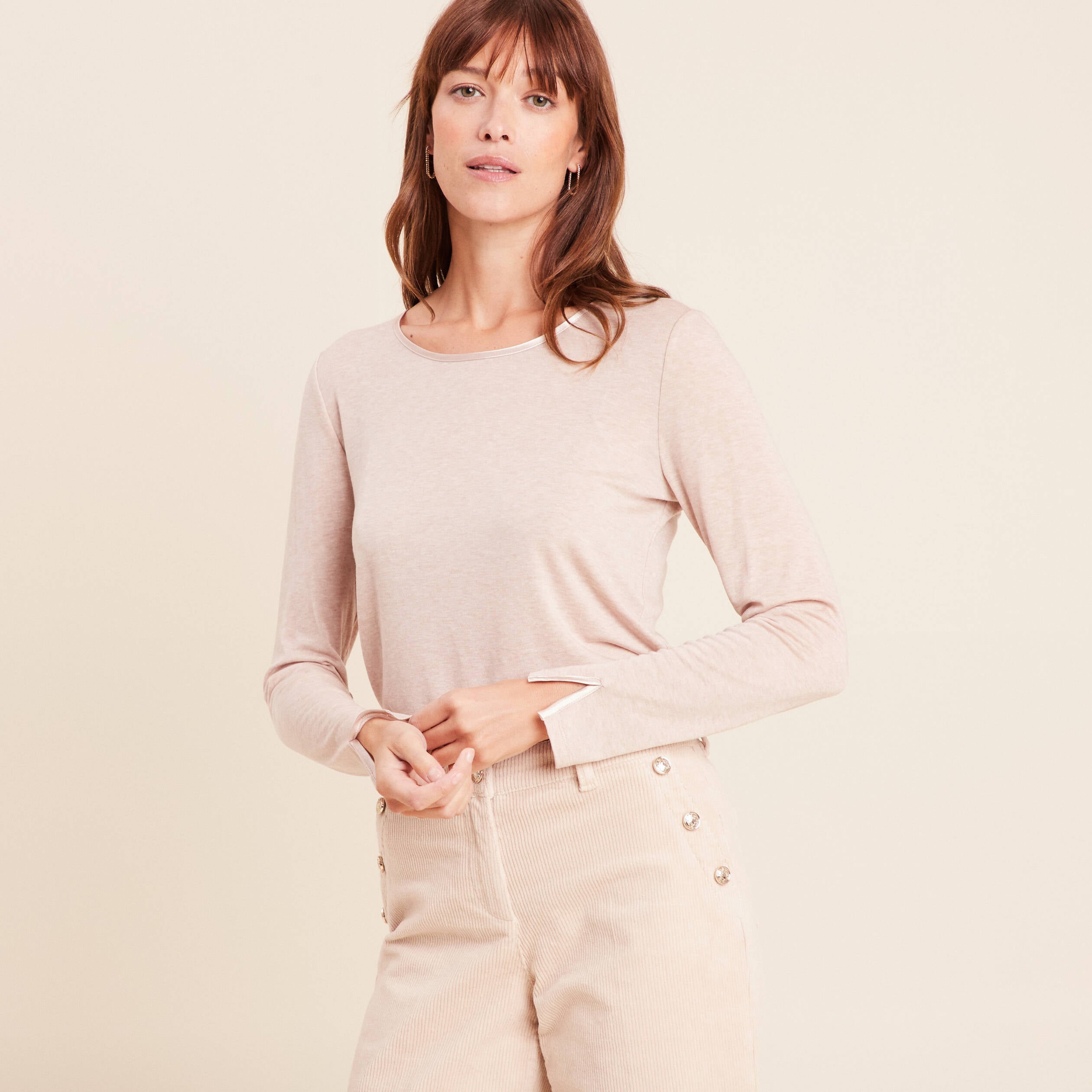 T-shirt ajust&eacute; manches longues beige femme