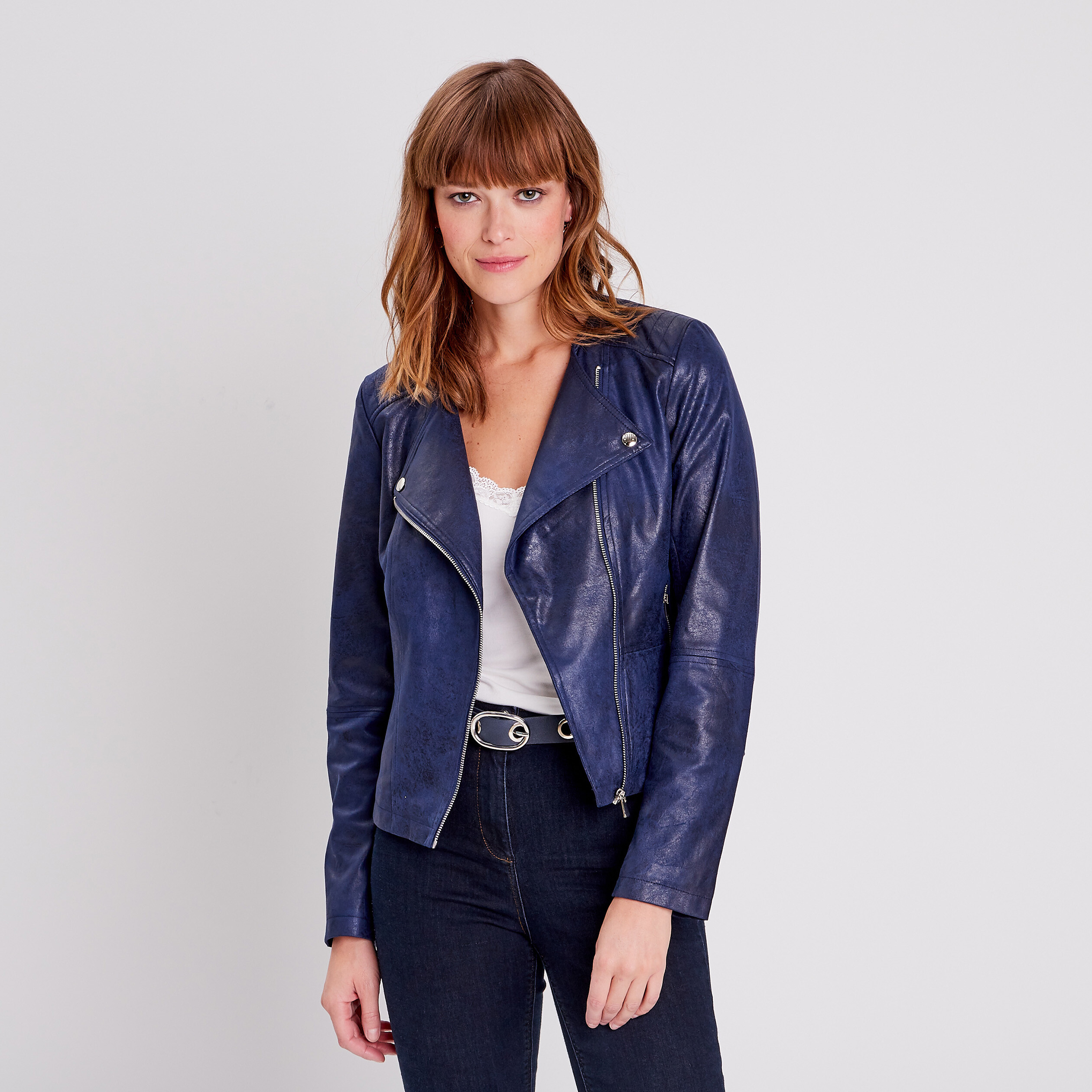 Veste droite zippée bleu foncé femme