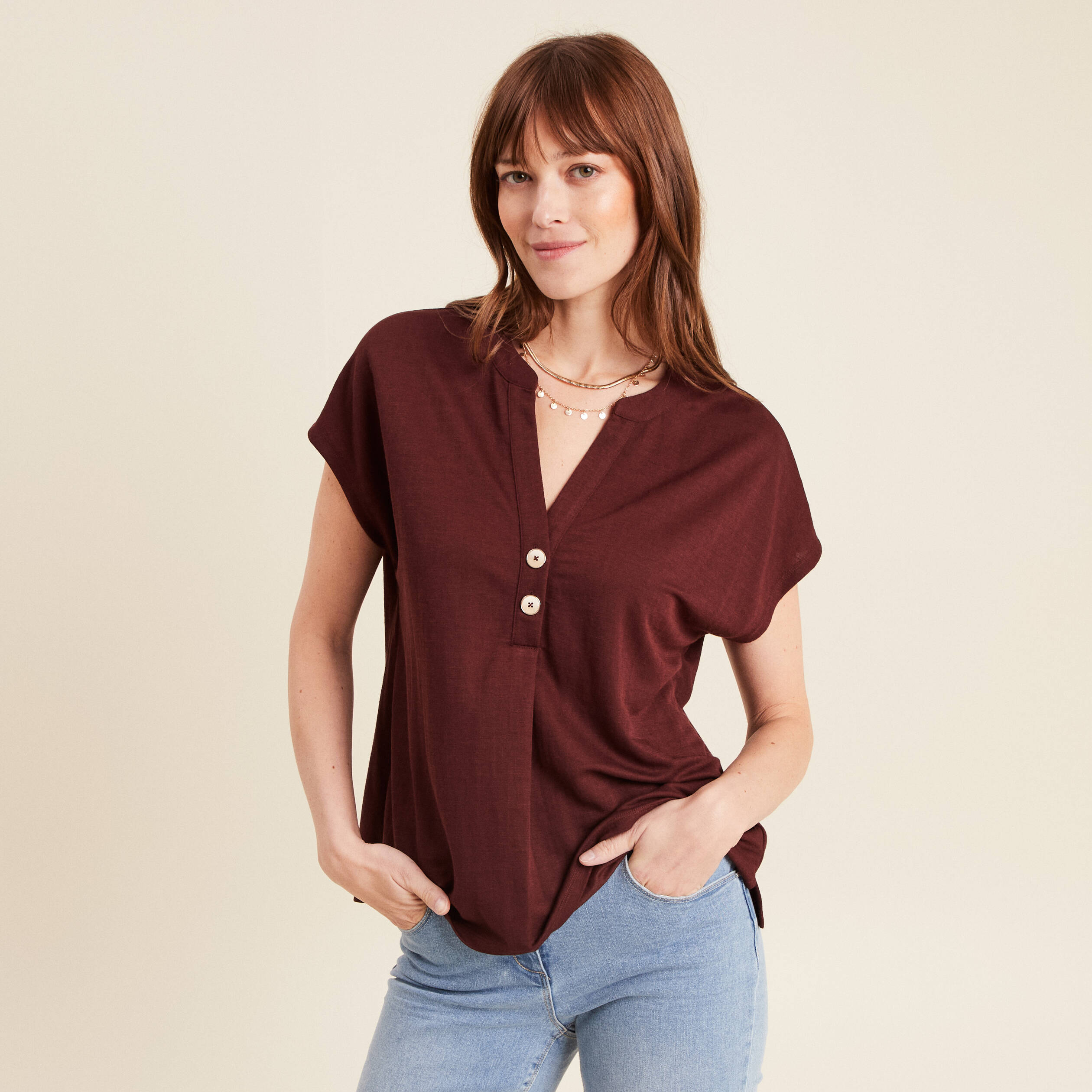 T-shirt manches courtes bordeaux femme