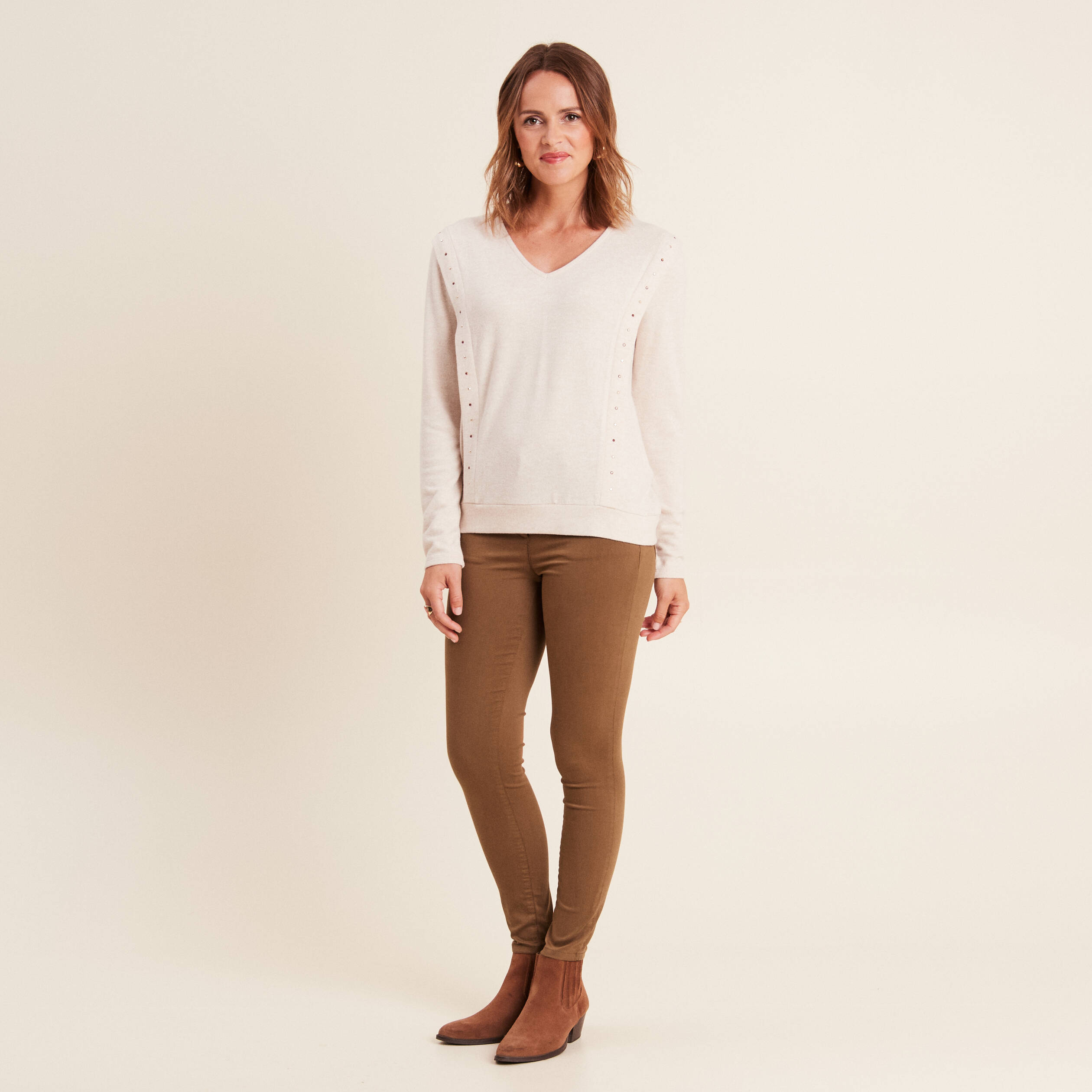 T-shirt manches longues ecru femme creme femme