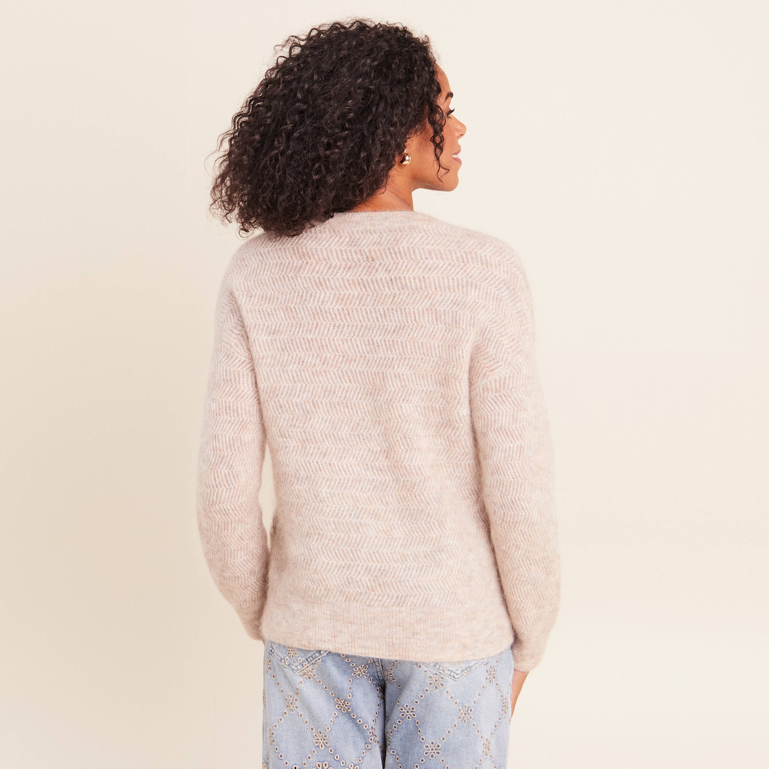 Pull droit col rond manches longues creme femme