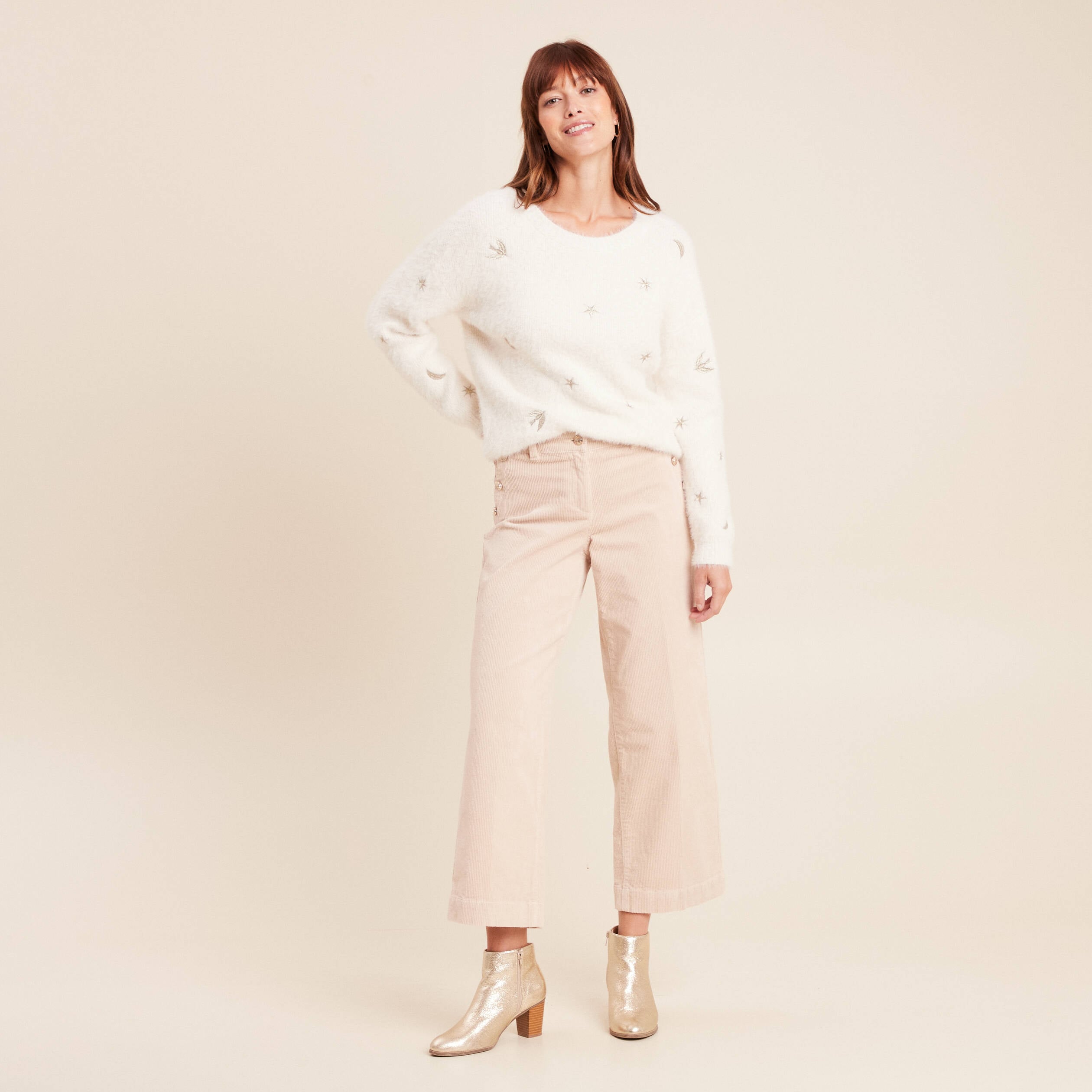 Pull brod&eacute; manches longues ecru femme