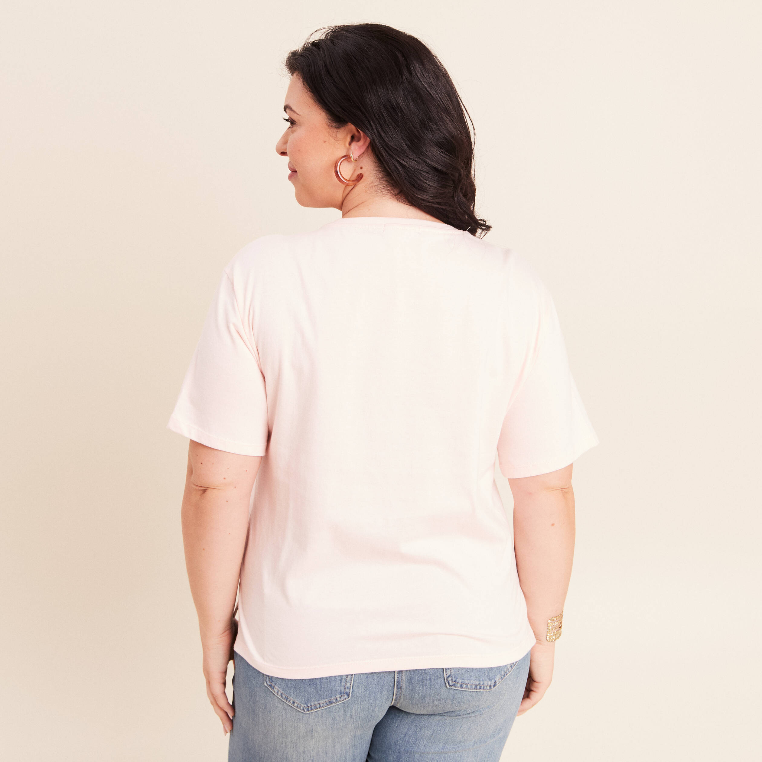 T-shirt col rond manches courtes rose clair femme