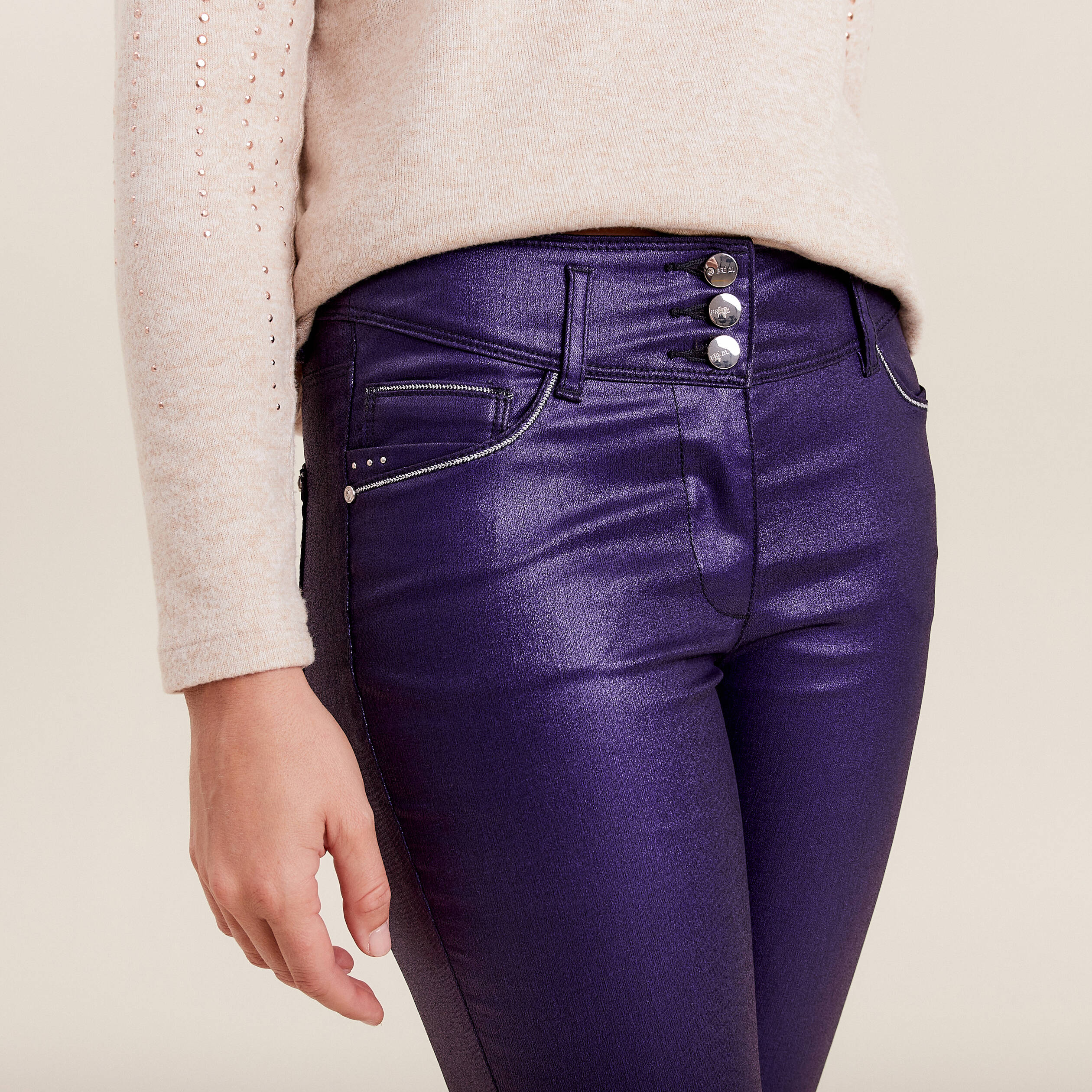 Pantalon ajusté aspect irisé violet foncé femme