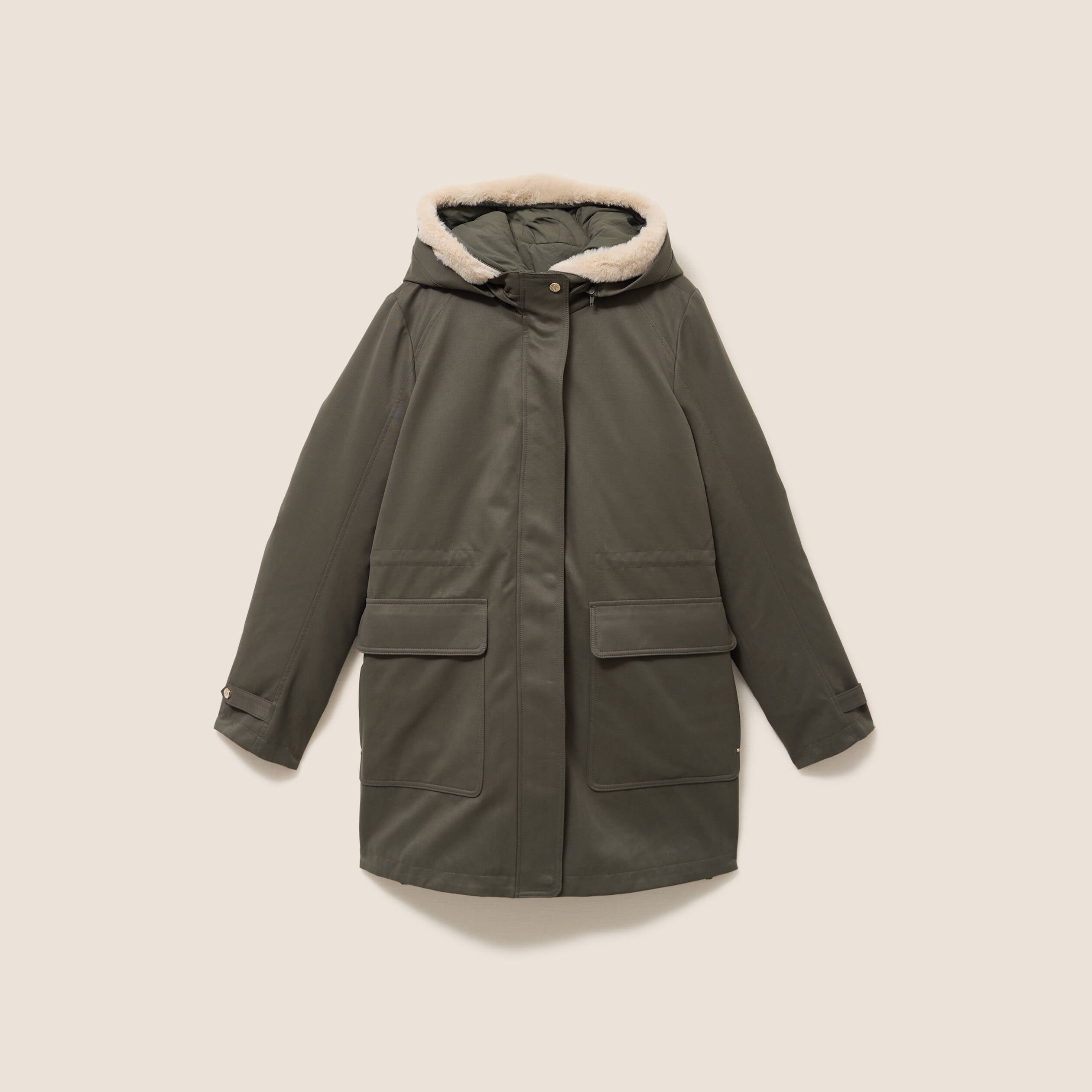 Parka cintr&eacute;e 4 en 1 avec capuche vert kaki femme