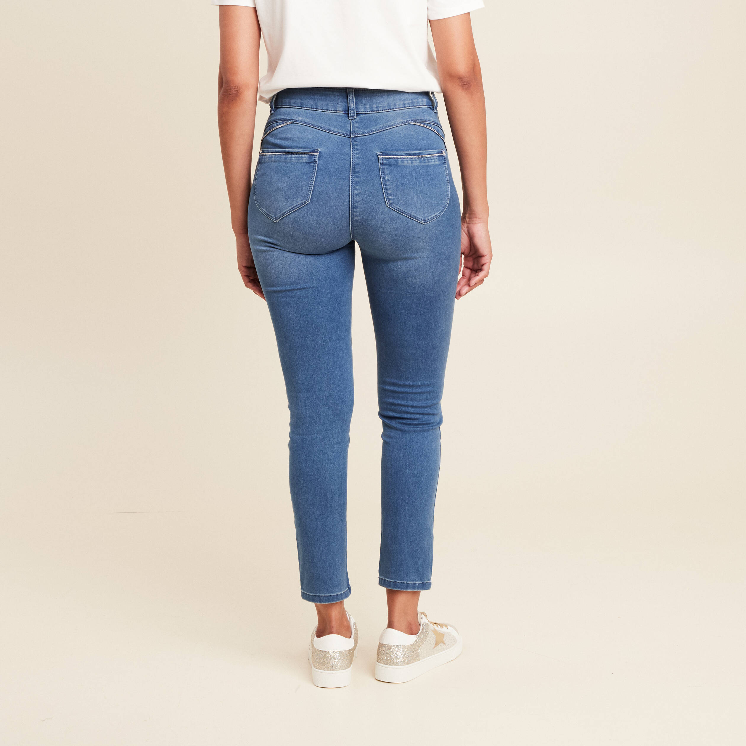 Jean coupe ajust&eacute;e 7/8&egrave;me taille haute denim double stone femme