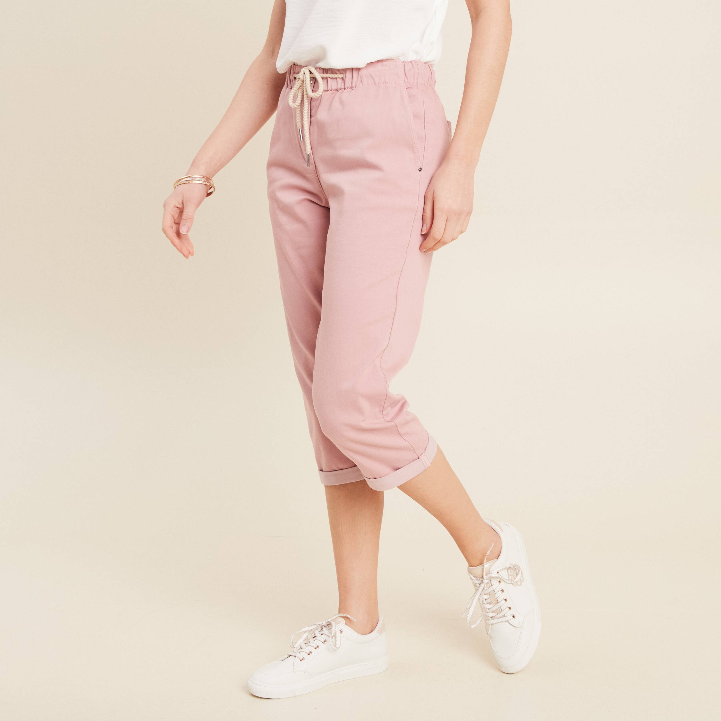 pantacourt large taille haute rose pastel femme Pantacourt large taille haute rose pastel femme
