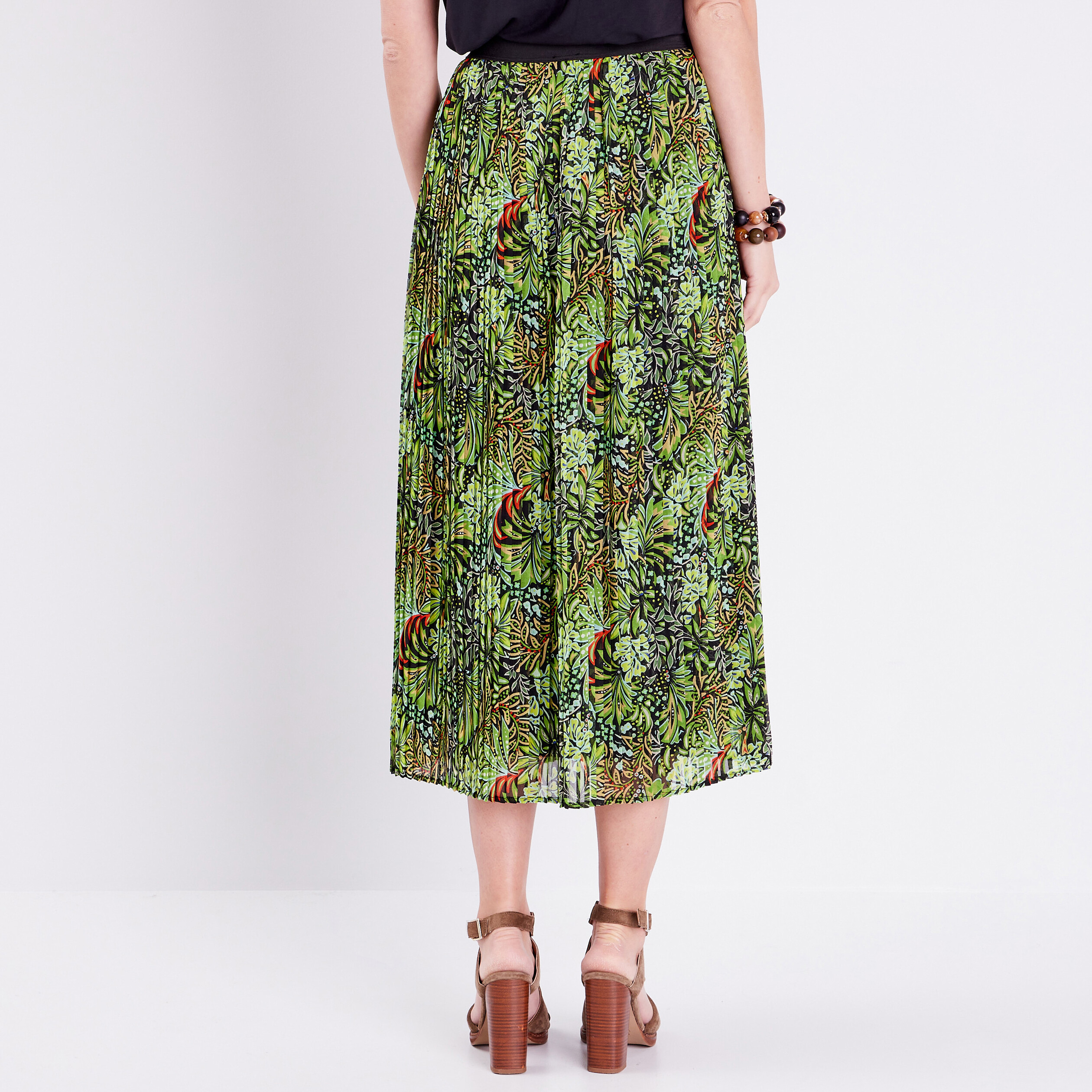 Jupe longue droite plissée vert femme