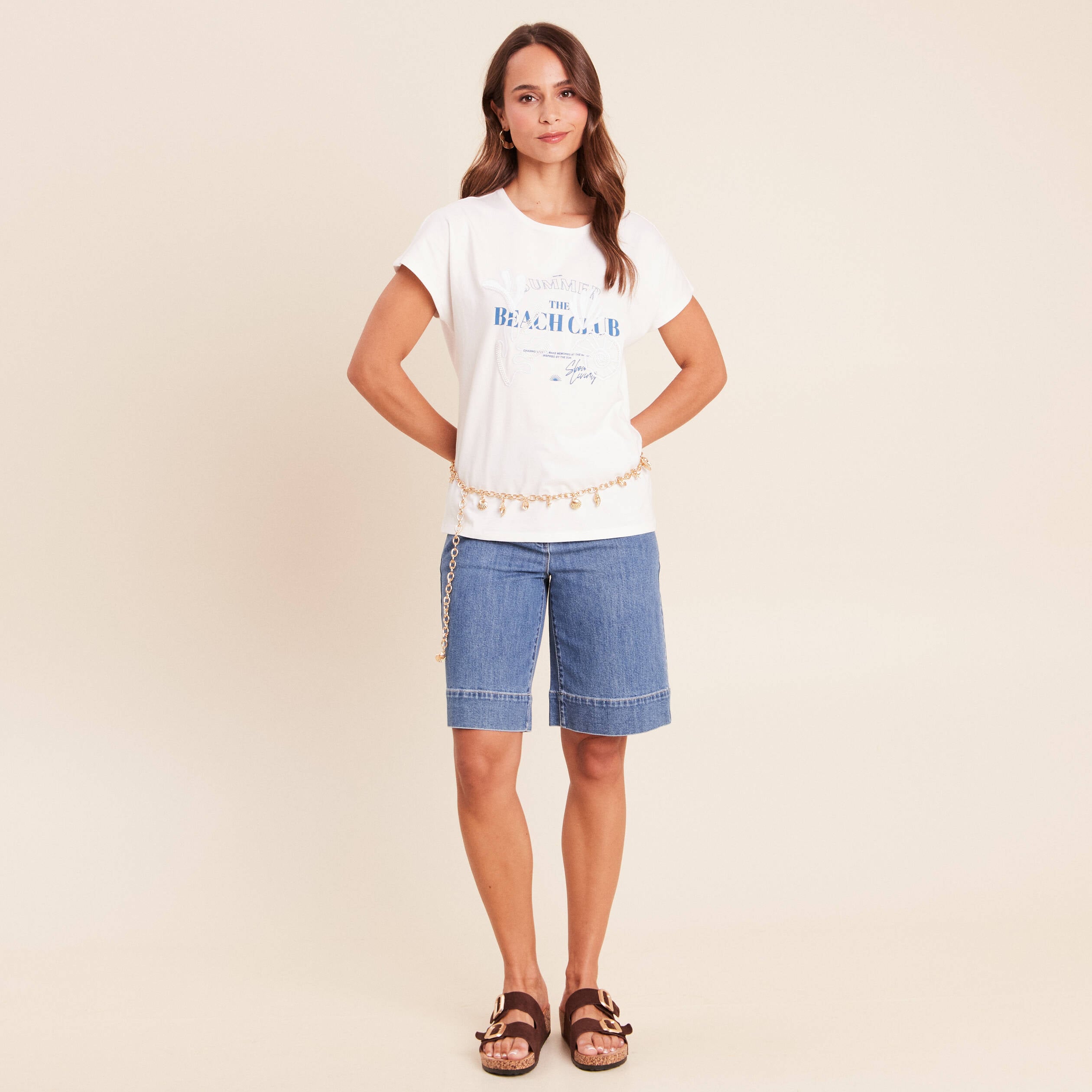 T-shirt col rond manches courtes brod&eacute; ecru femme