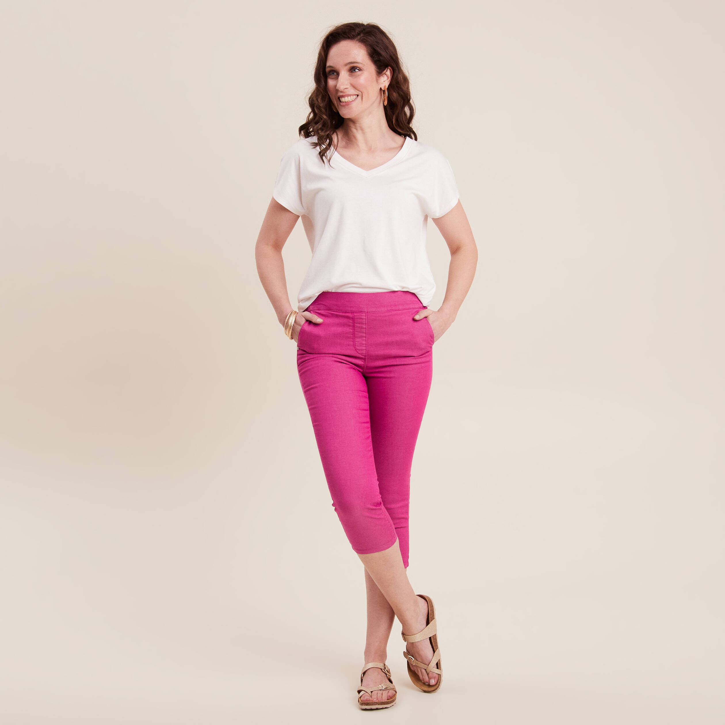Pantacourt ajusté taille haute rose fushia femme