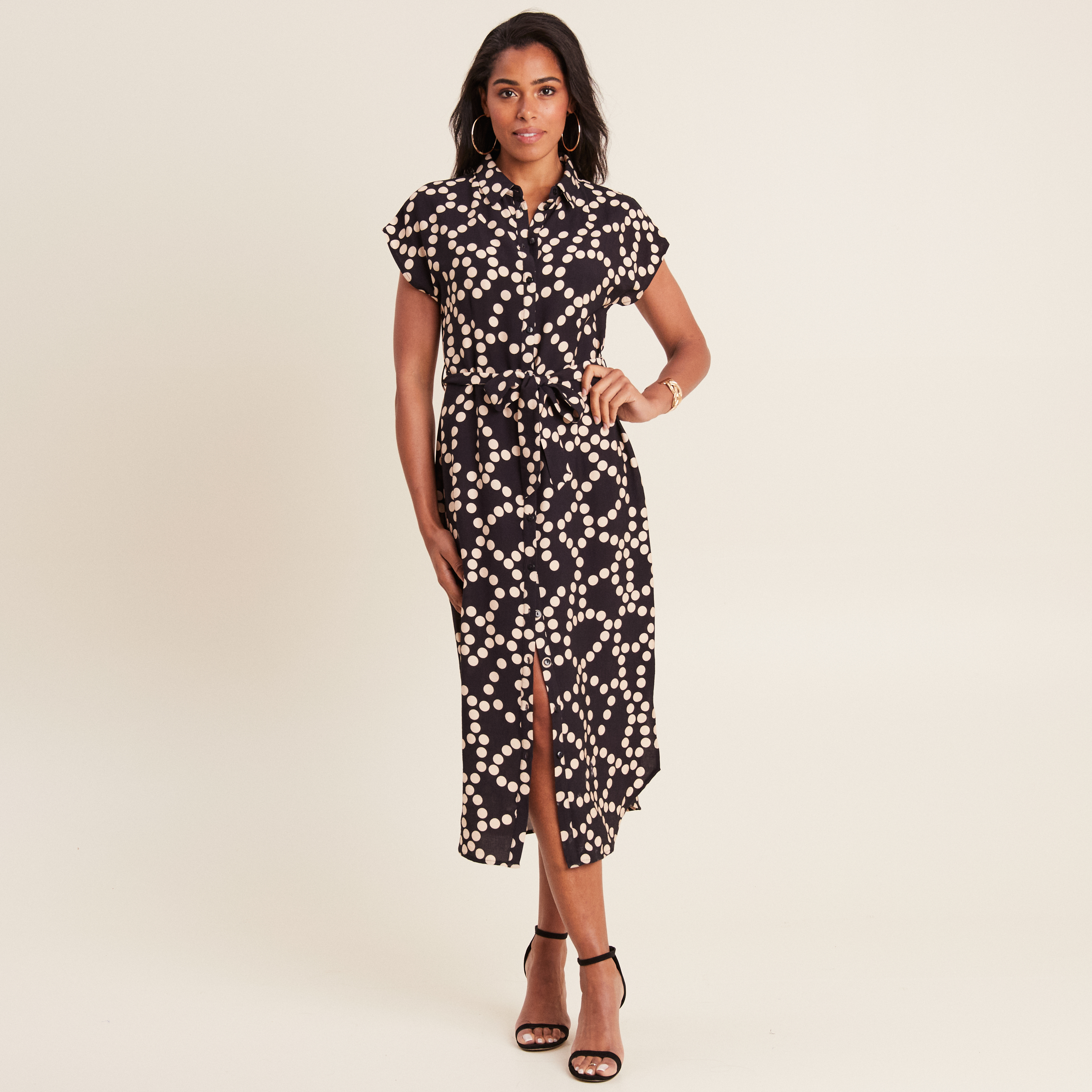 Robe chemise midi ceinturée noir femme