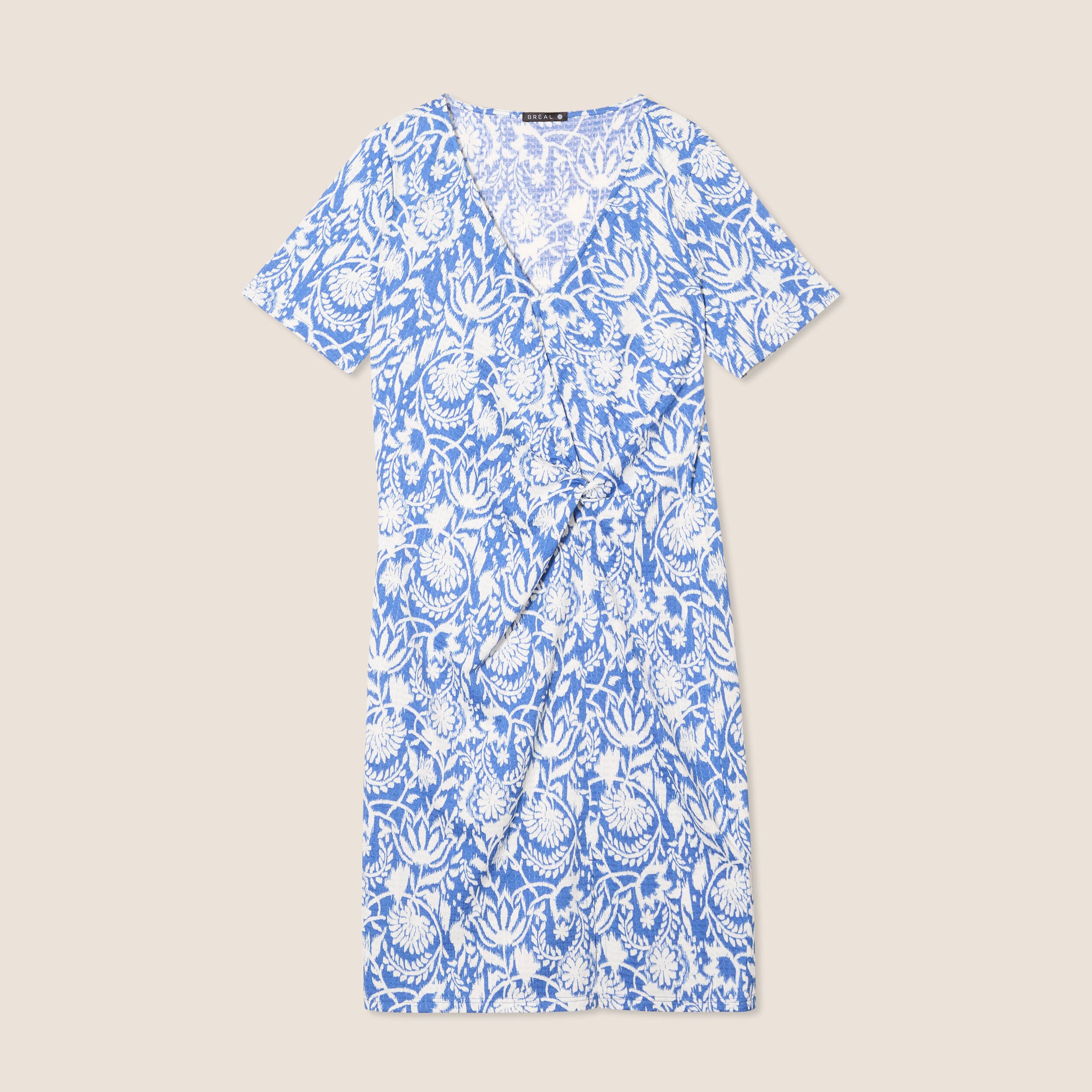 Robe droite courte col V bleu femme