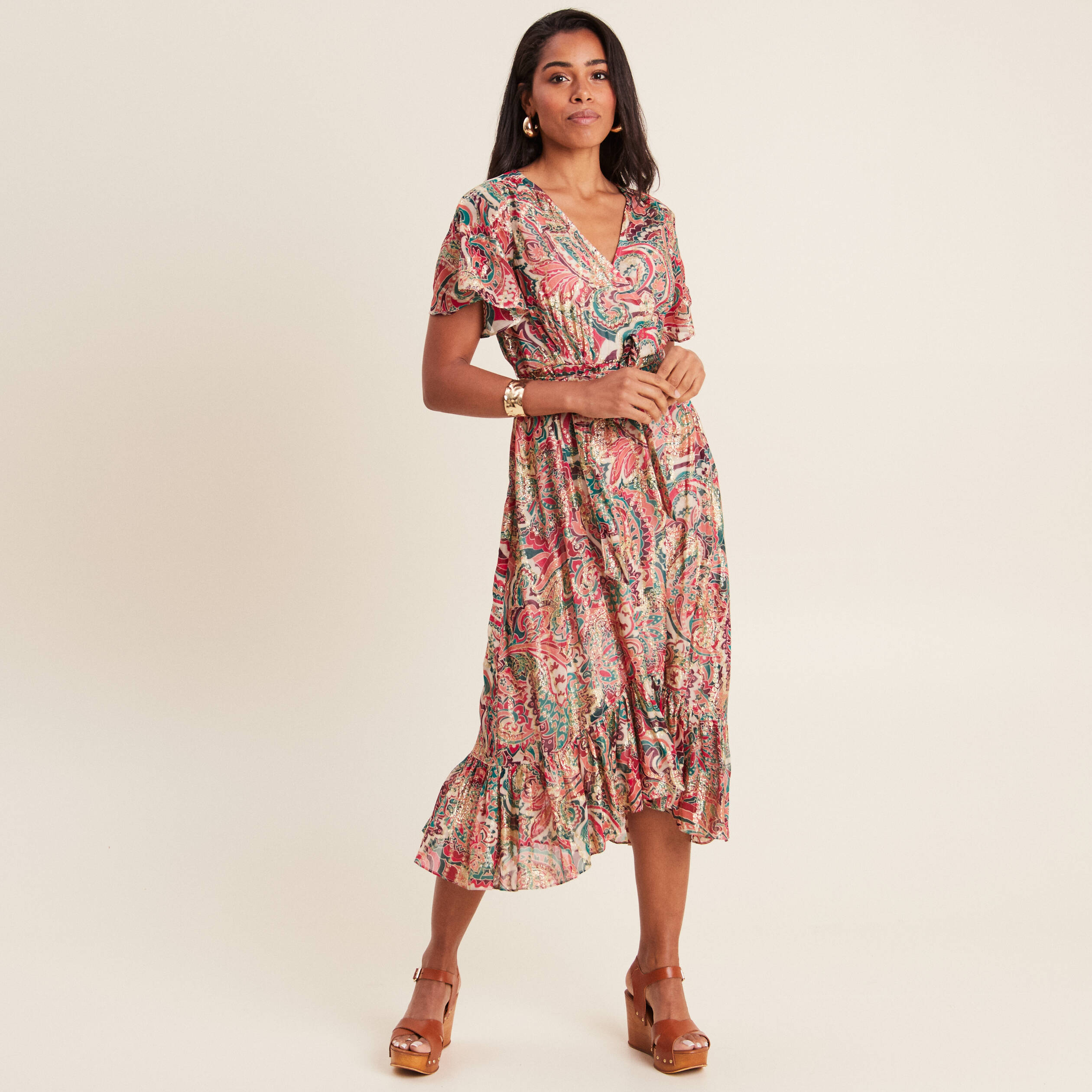 Robe longue évasée fluide rose femme