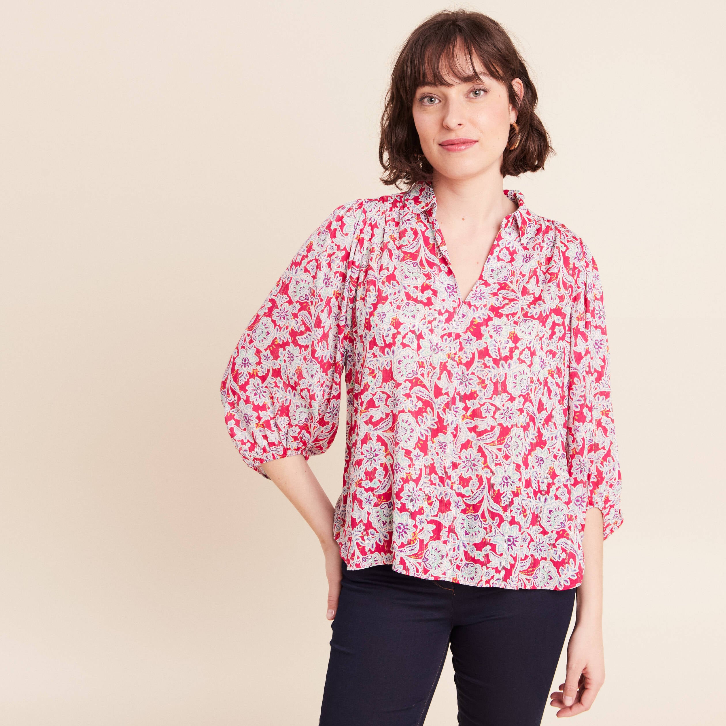 Blouse ample col chemise manches 3/4 rose femme