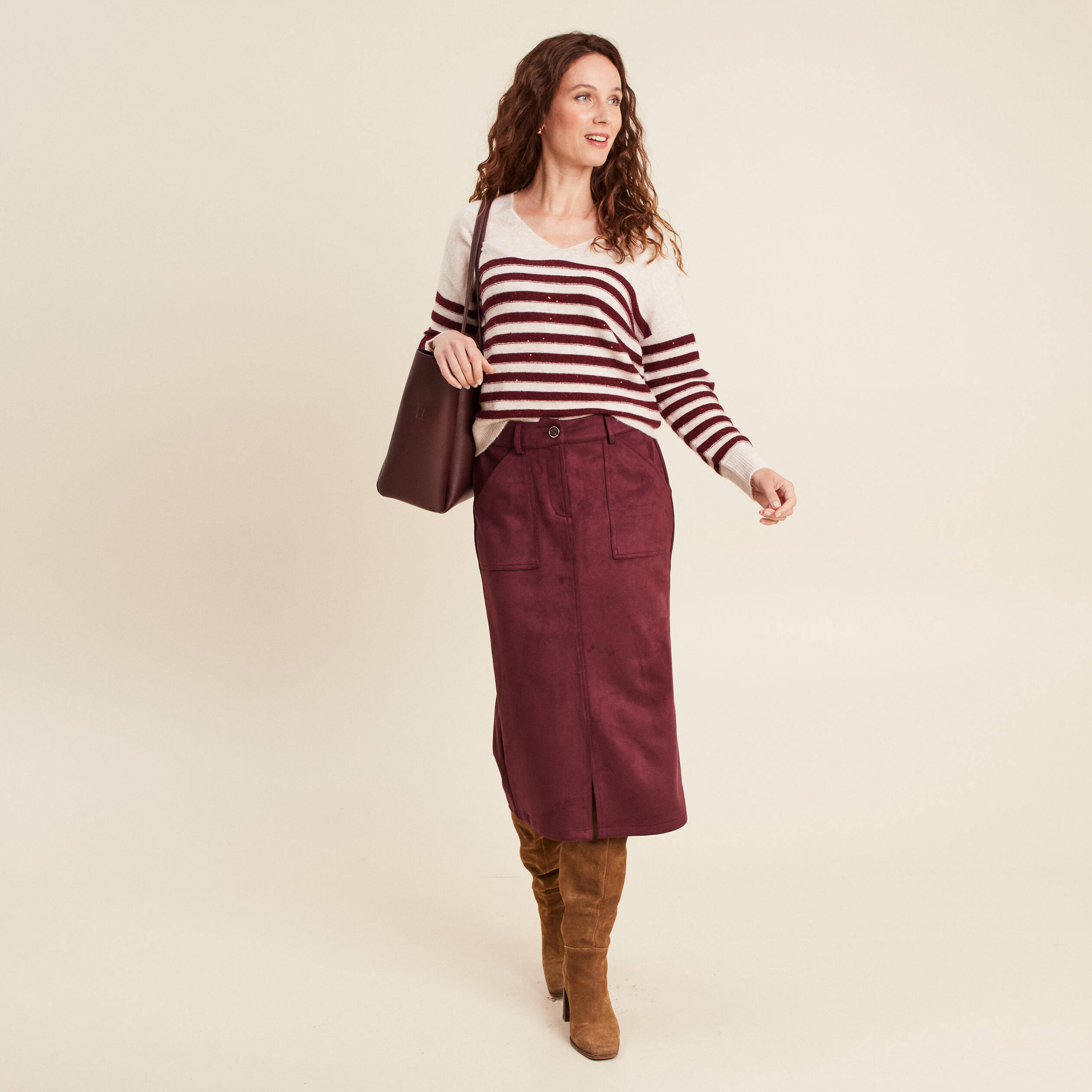 Jupe Longue Droite Bordeaux à Fleurs Un Jour Ailleurs Taille 40/42 - Polyester Doublé - Occasion Très Bon état