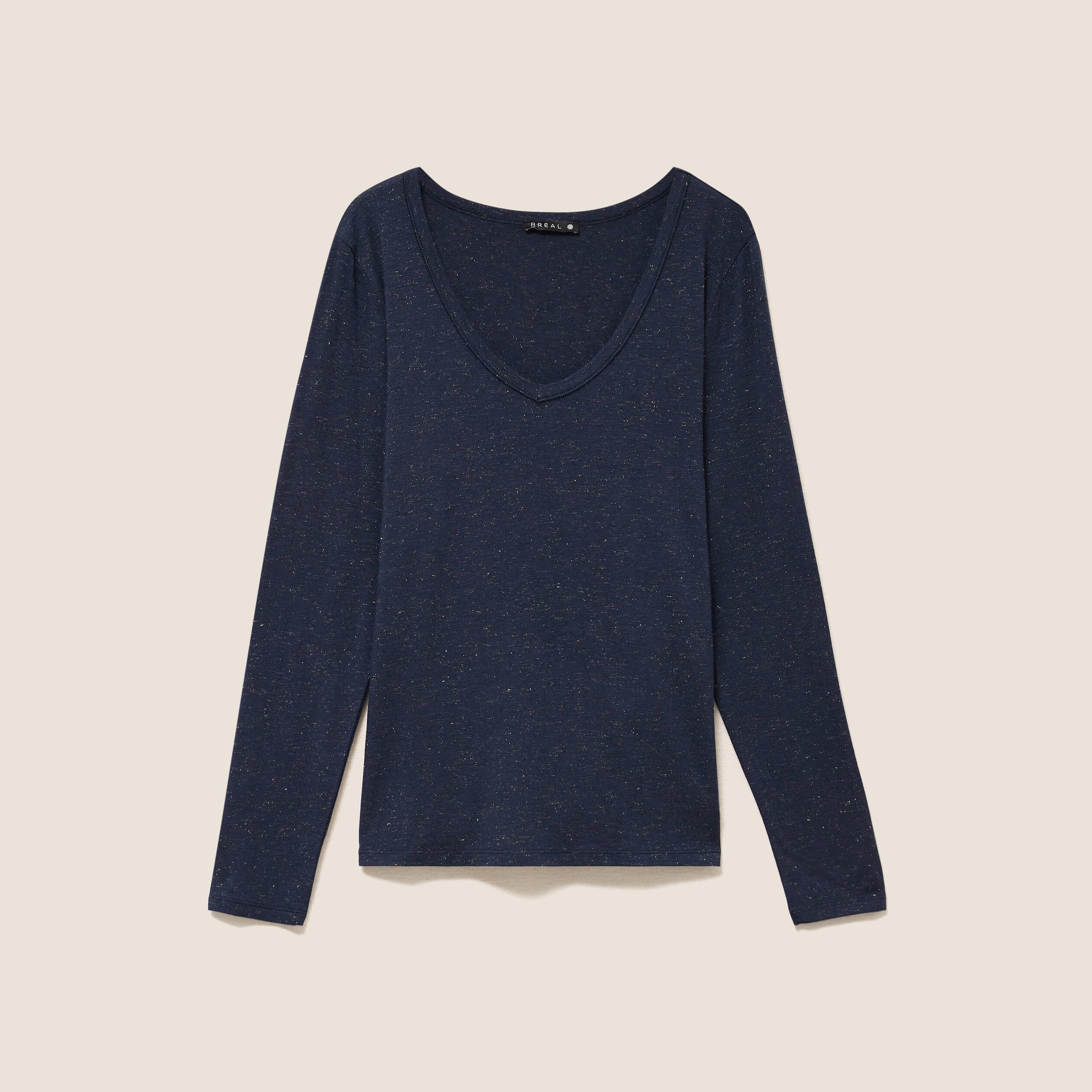 T-shirt ajust&eacute; col v manches longues bleu marine femme