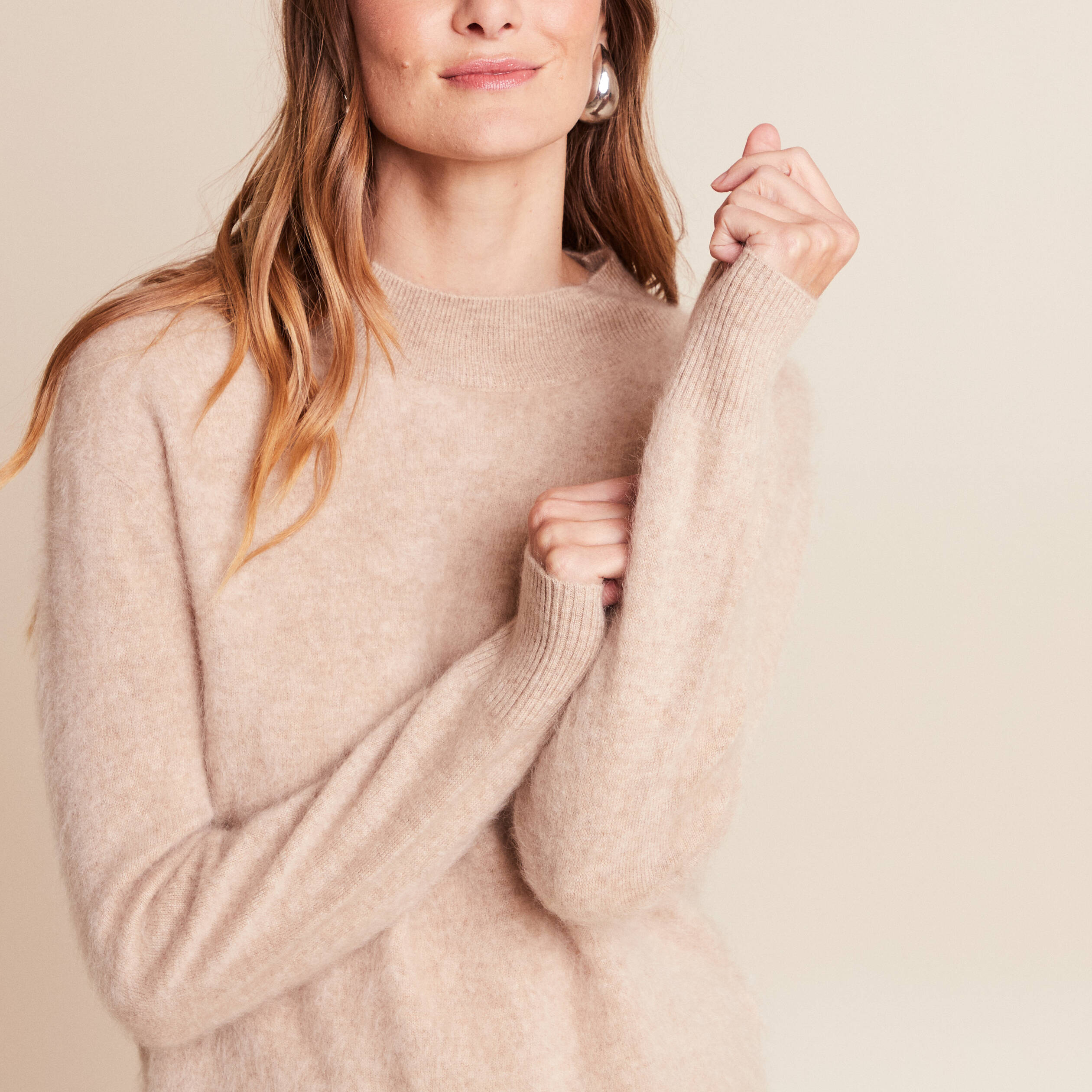 Pull cachemire col montant sable femme