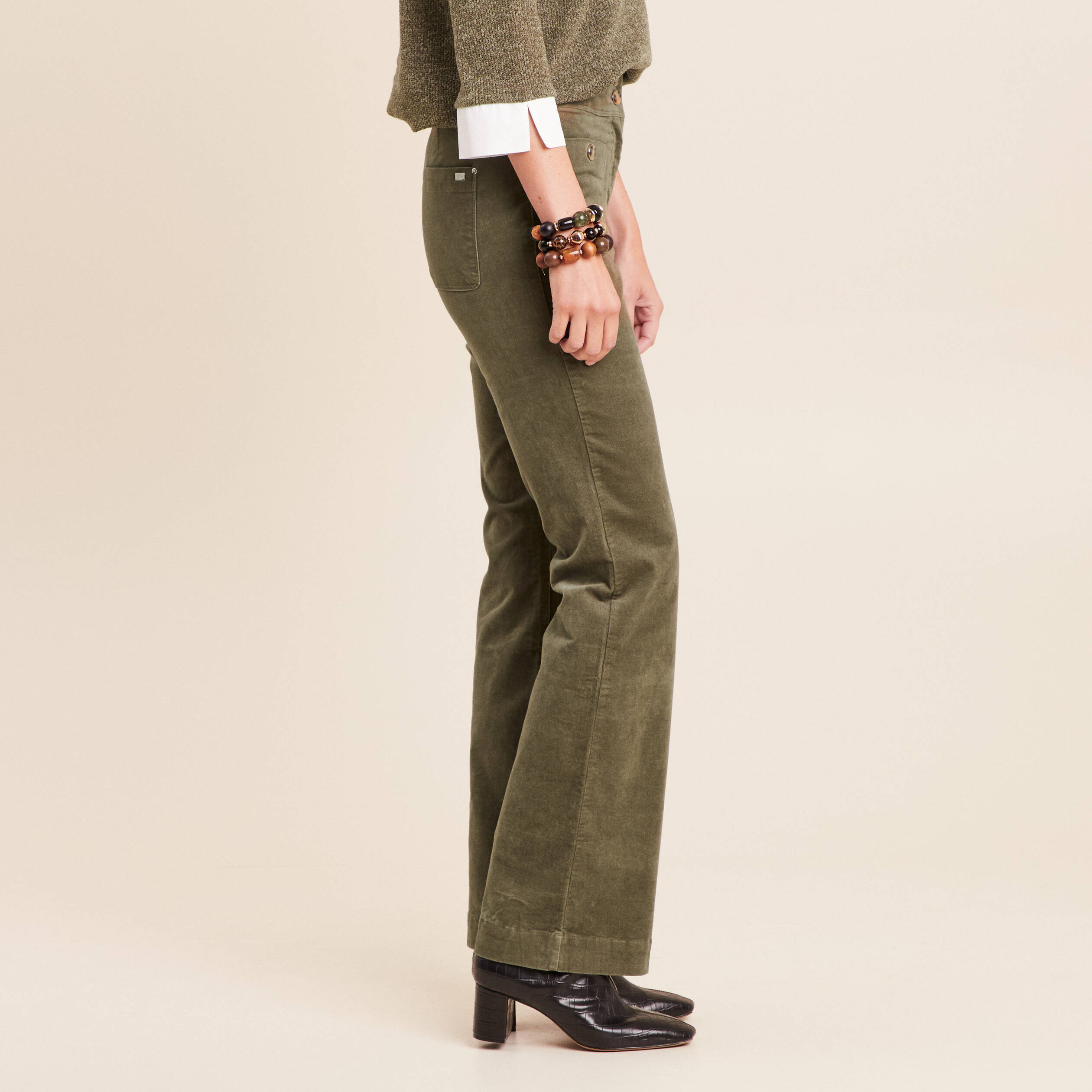 Pantalon bootcut taille haute velours vert kaki femme
