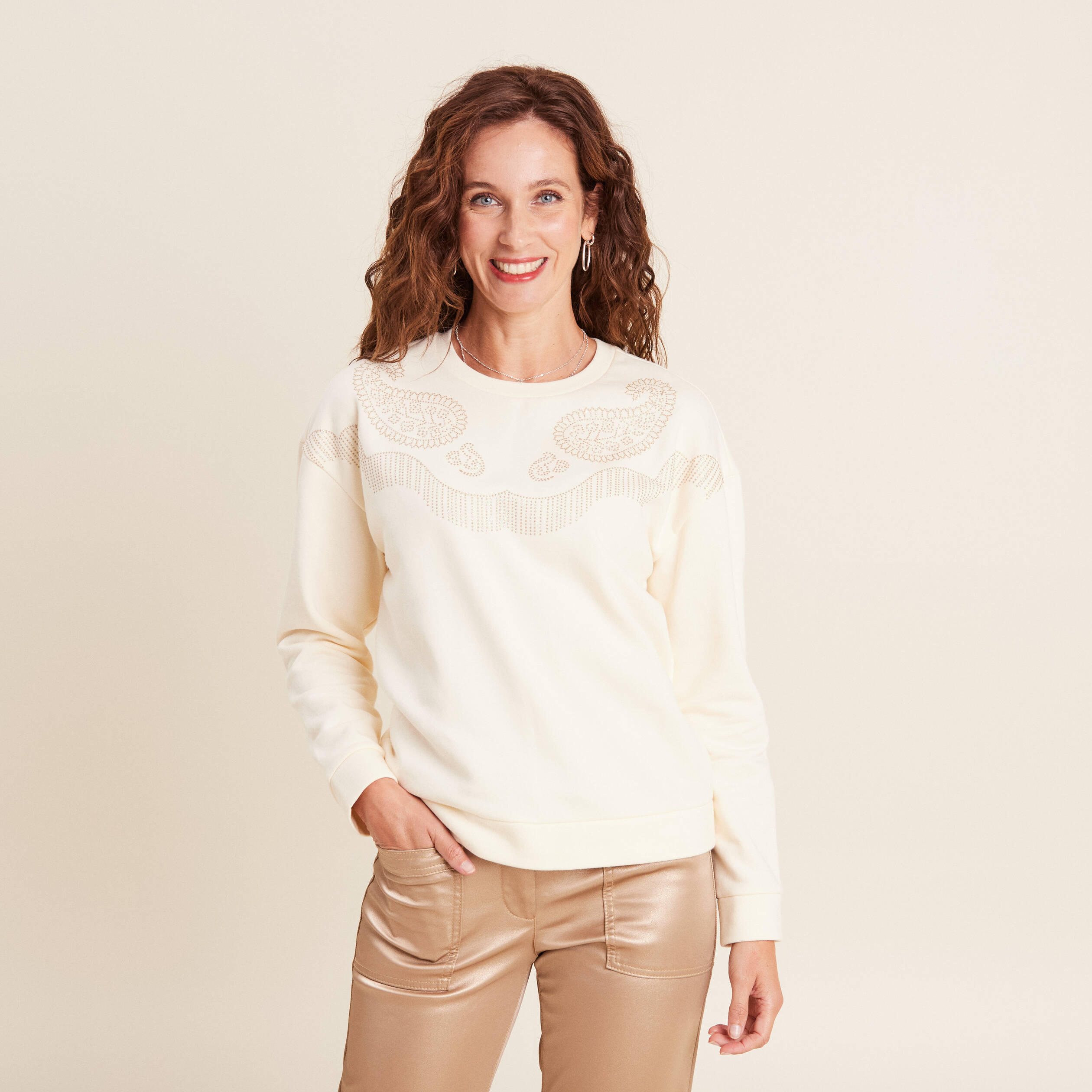 T-shirt manches longues strass ecru femme