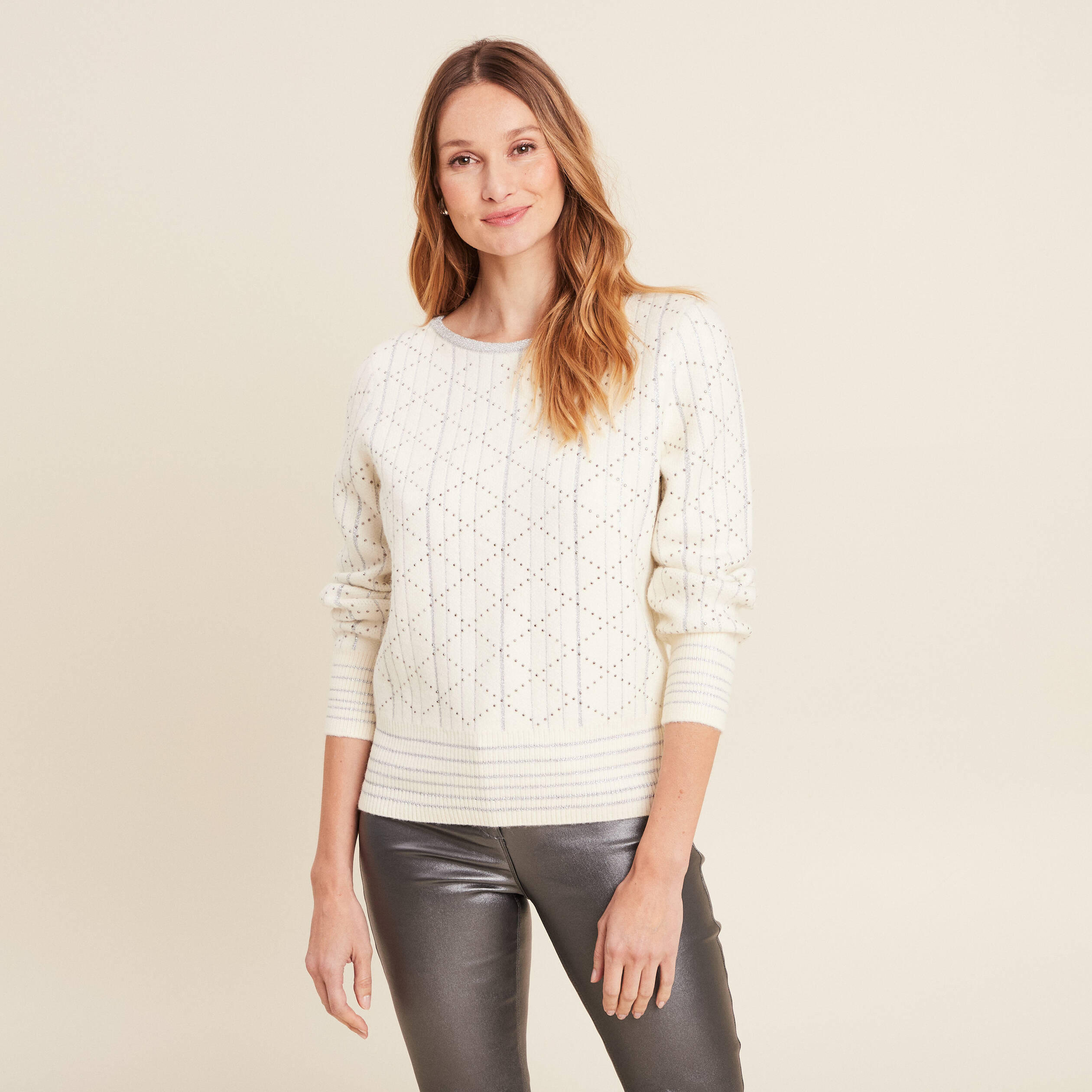 Pull manches longues clous ecru femme