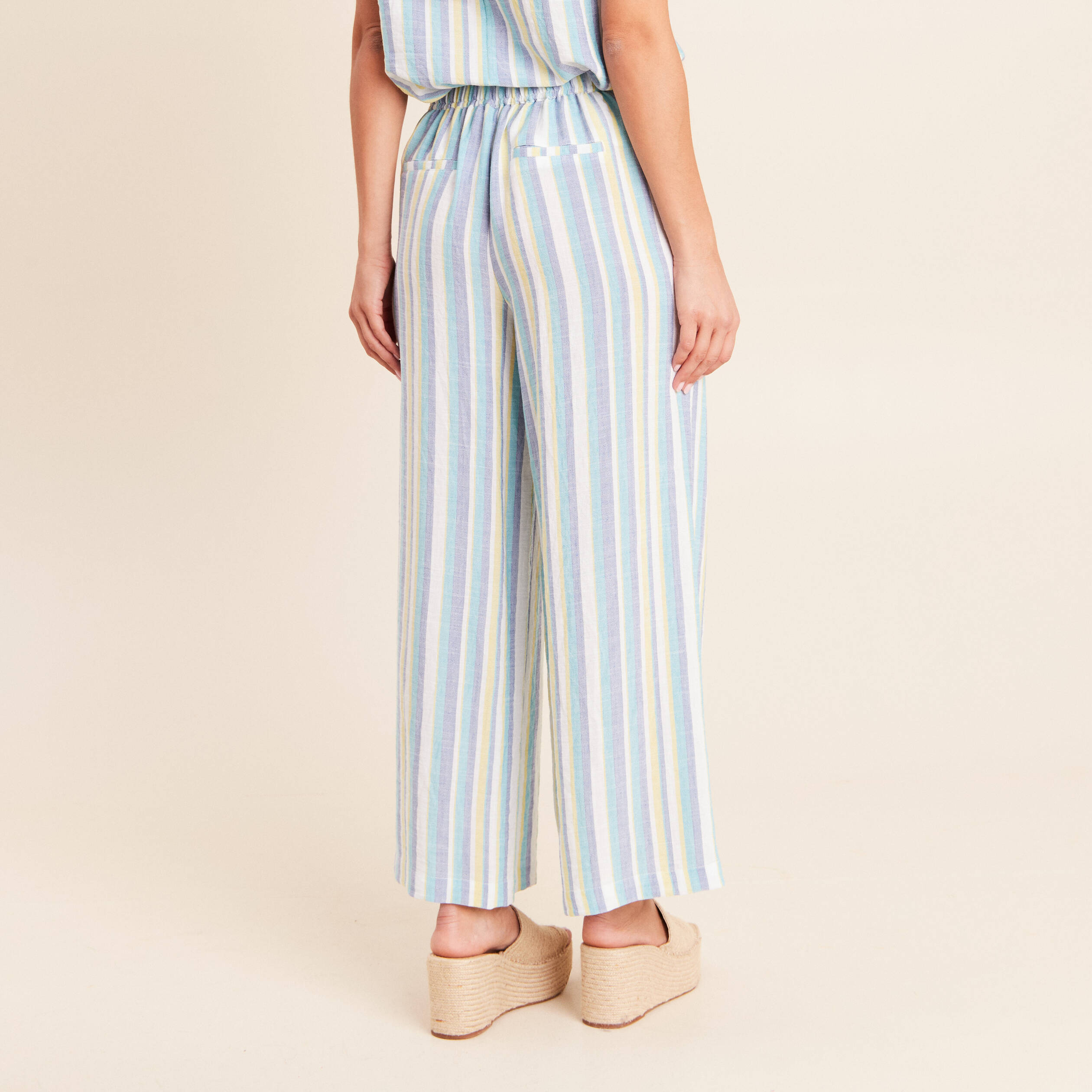 Pantalon large 7/8&egrave;me taille haute bleu femme