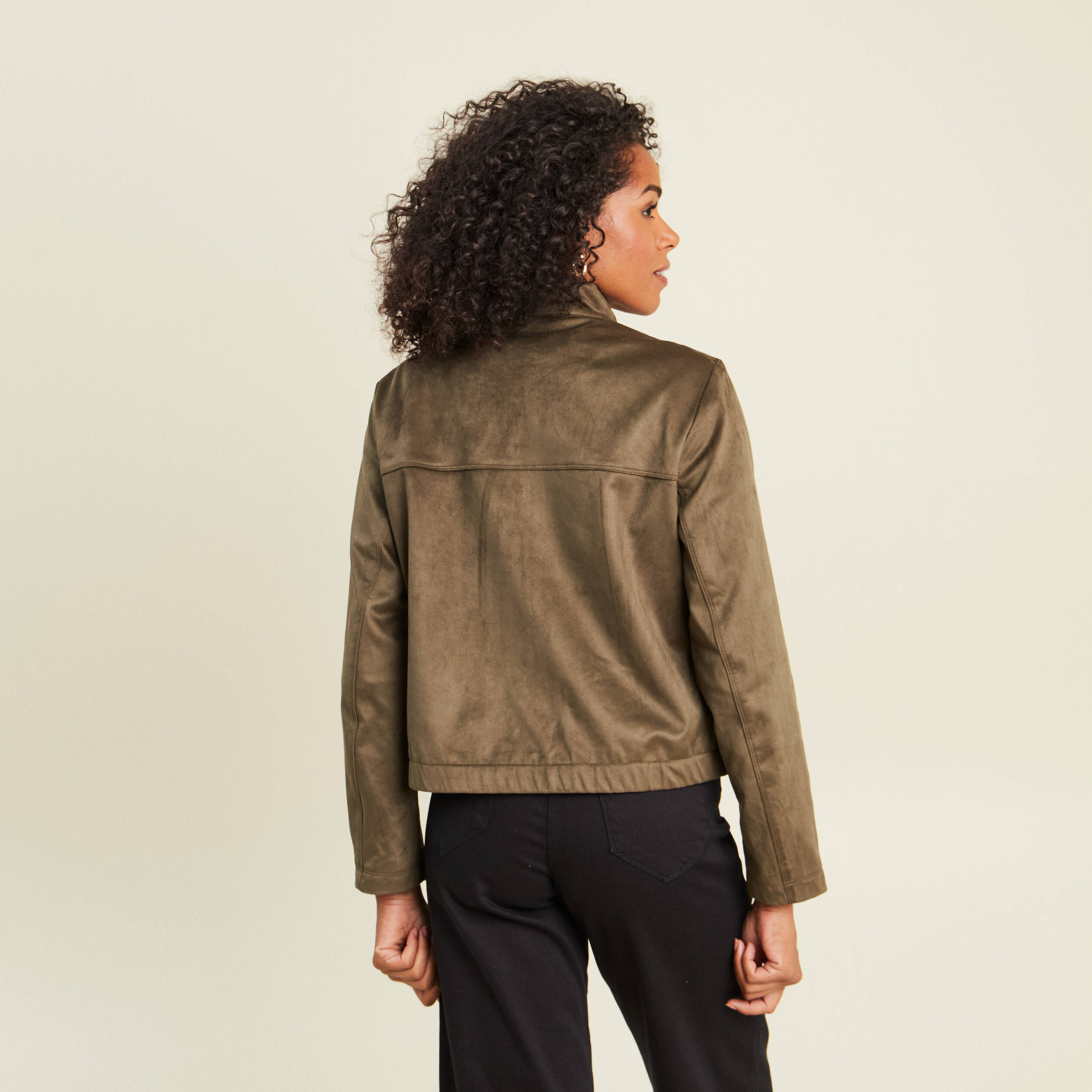 Veste ample col montant doubl&eacute;e vert kaki femme