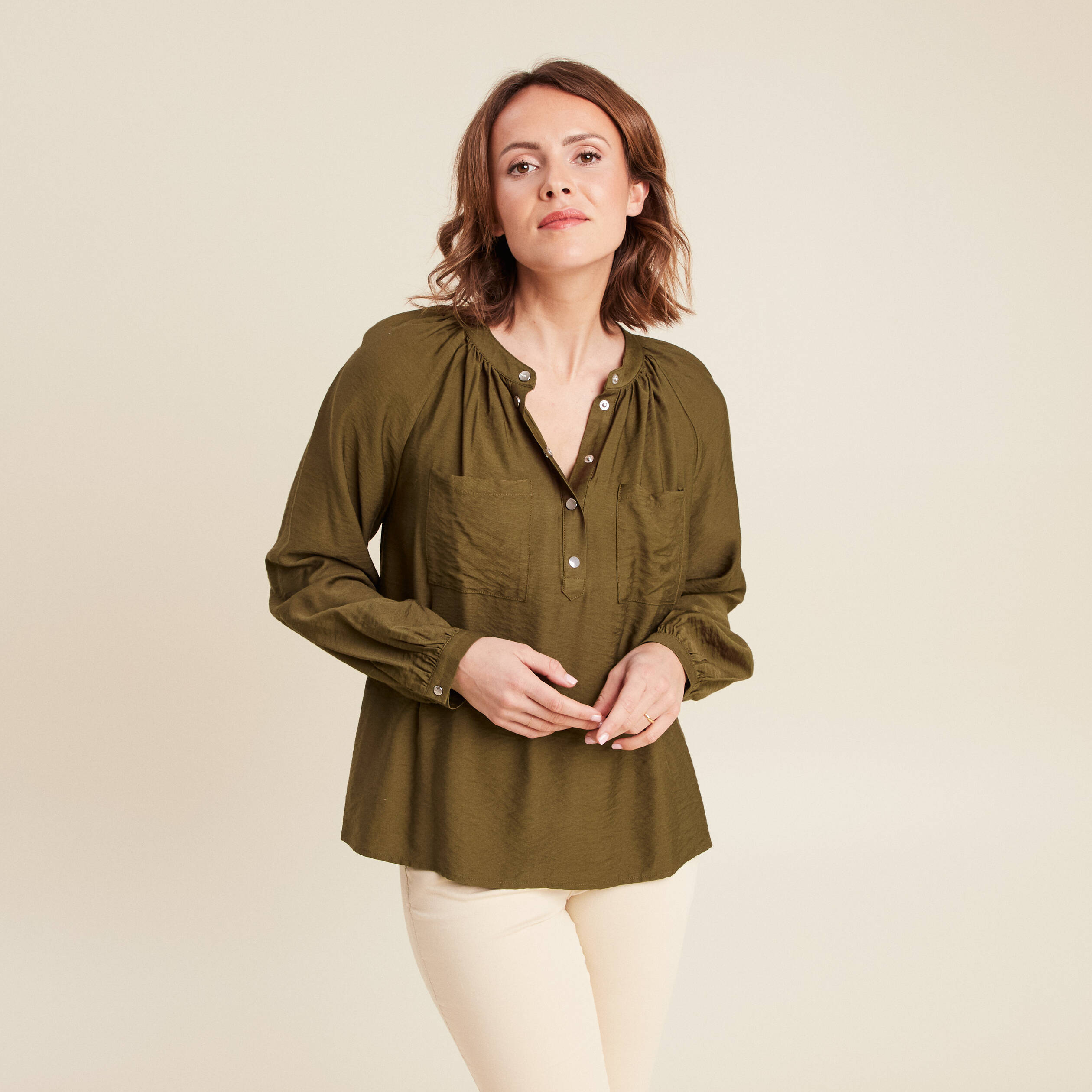 Blouse manches longues vert olive femme