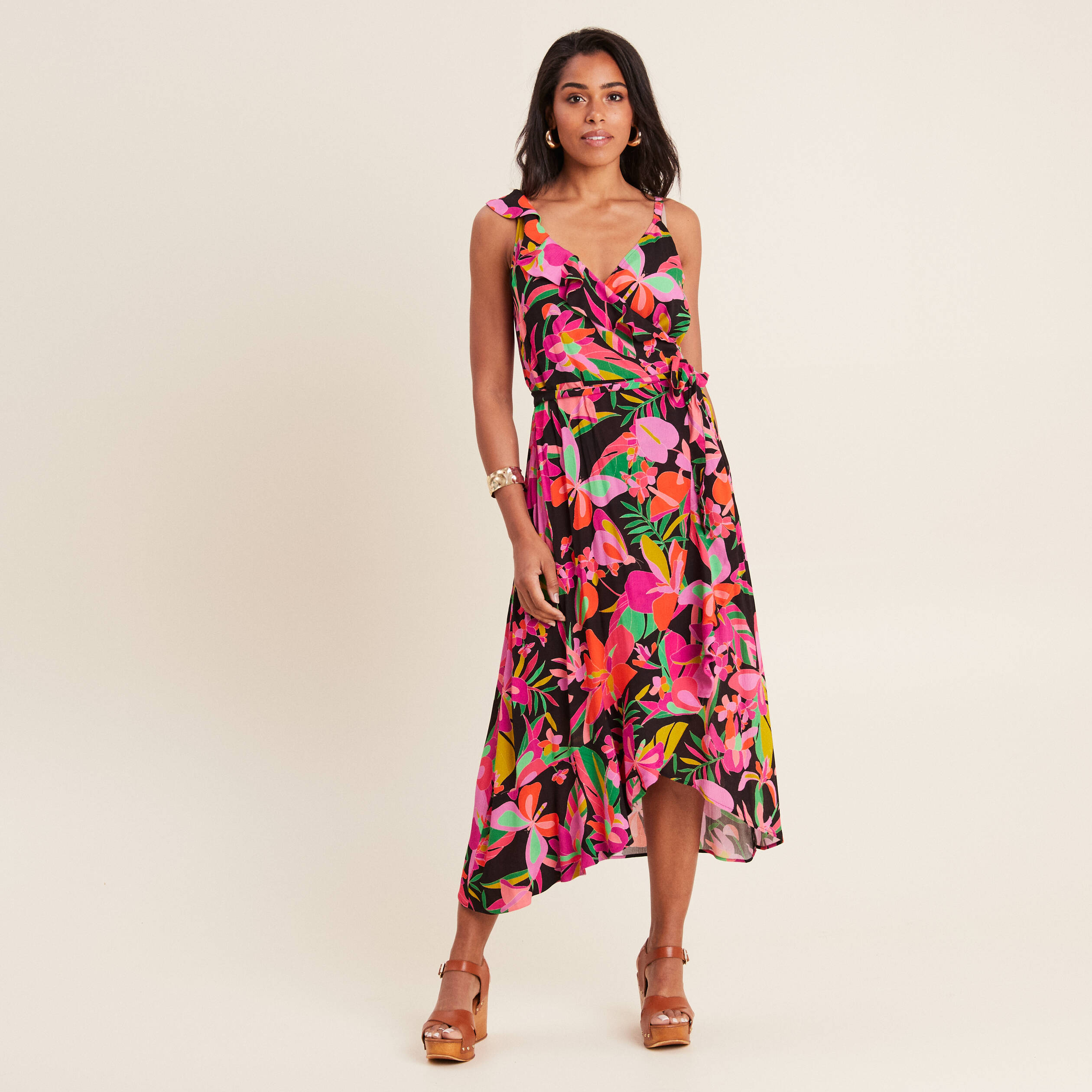 Robe longue portefeuille rose fushia femme
