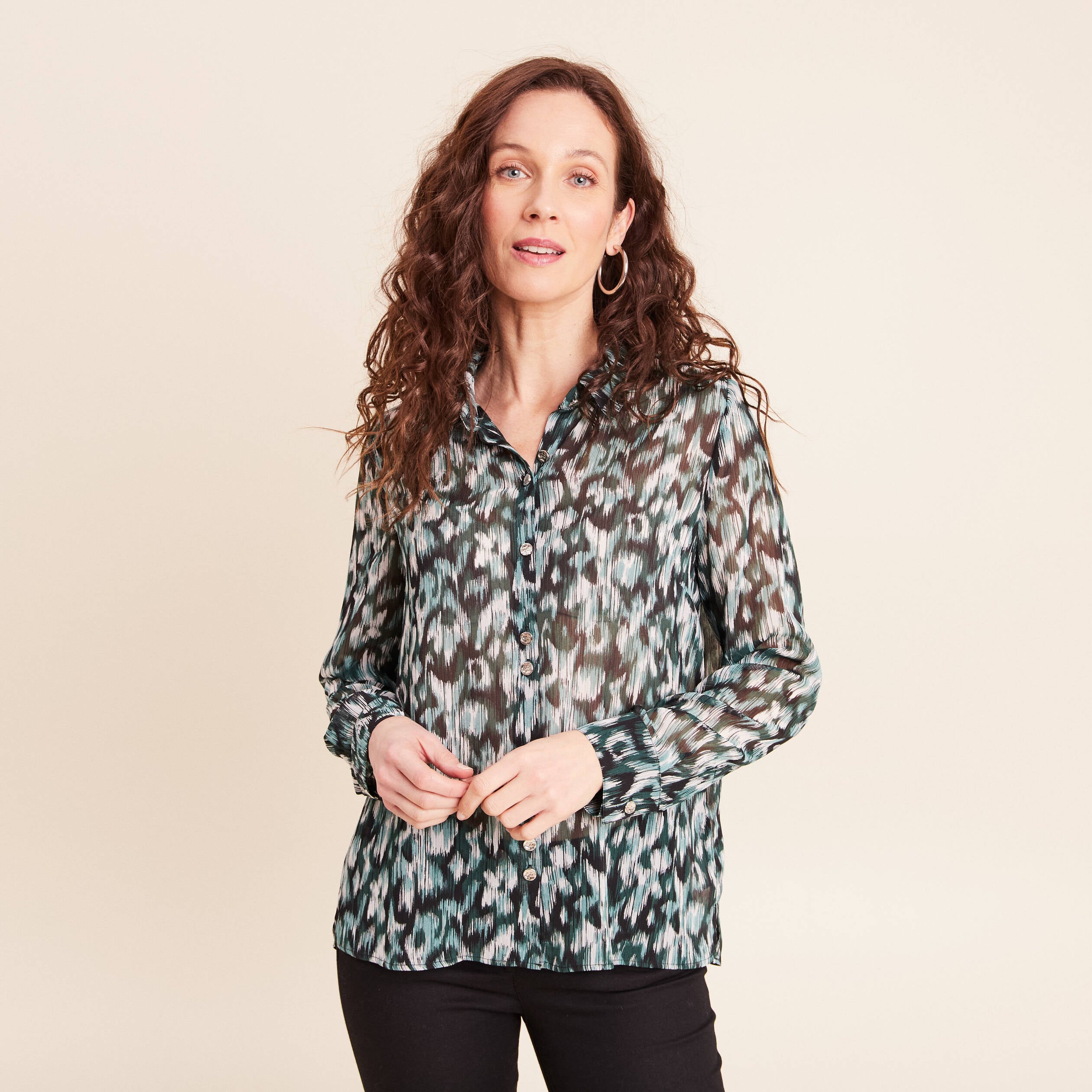 Chemise manches longues en voile vert femme