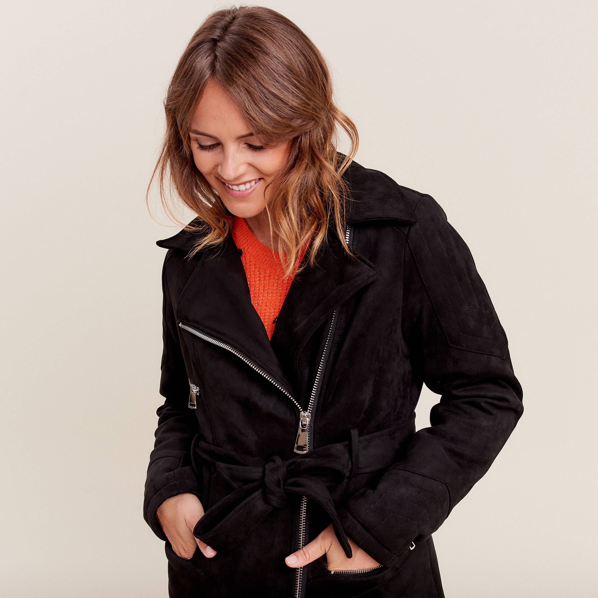 Manteau cintré suédine noir femme