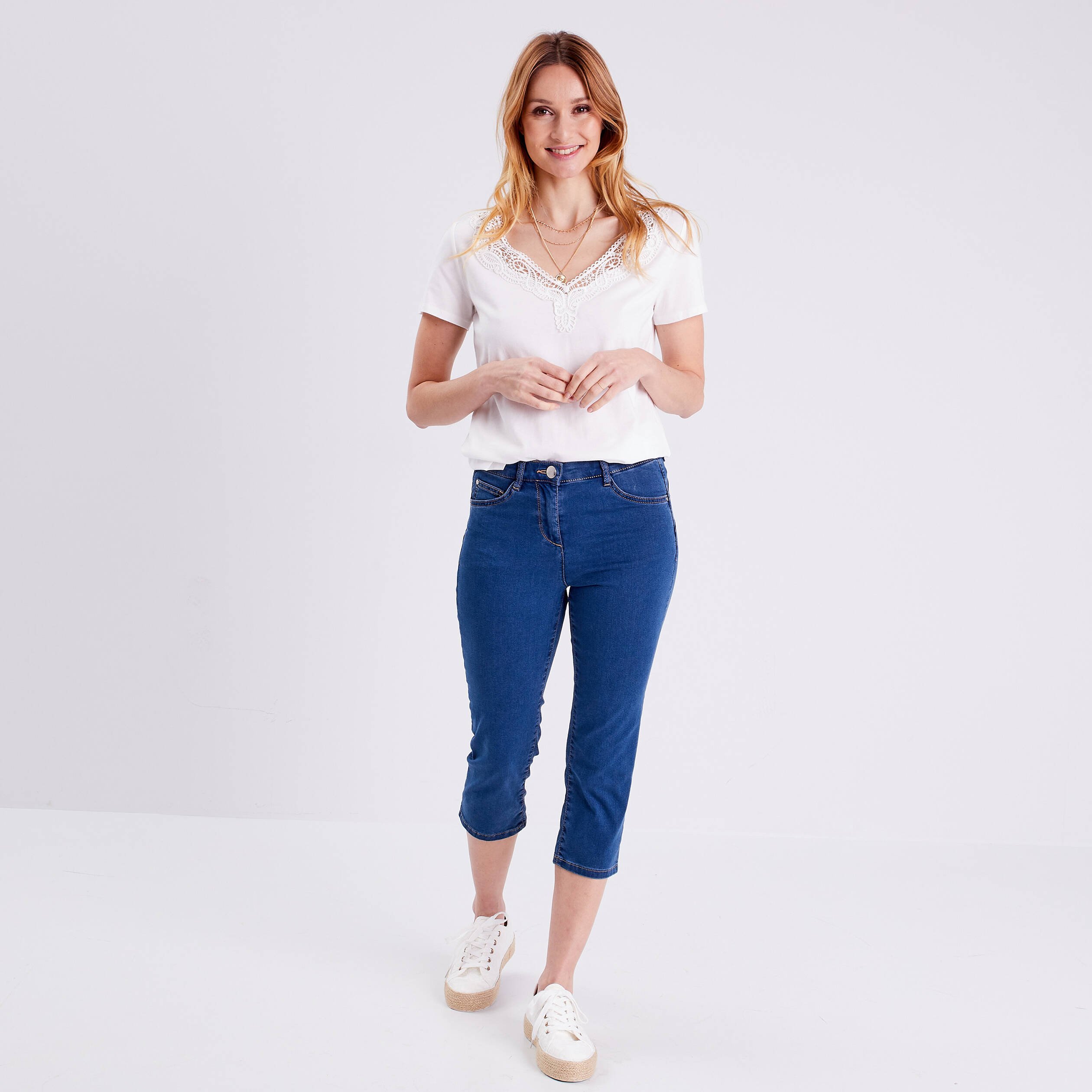 Pantacourt droit taille standard denim double stone femme