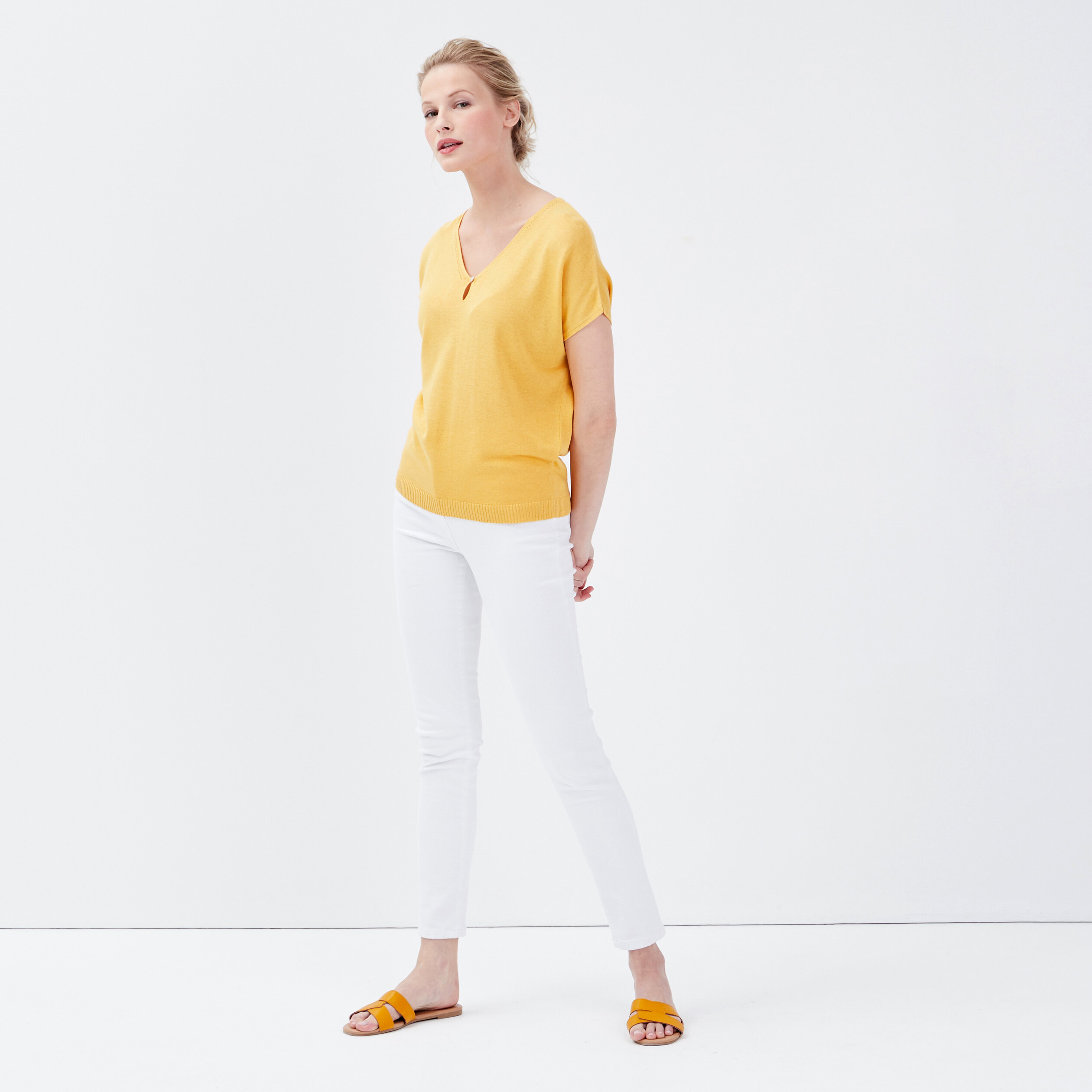 Pull manches courtes jaune moutarde femme