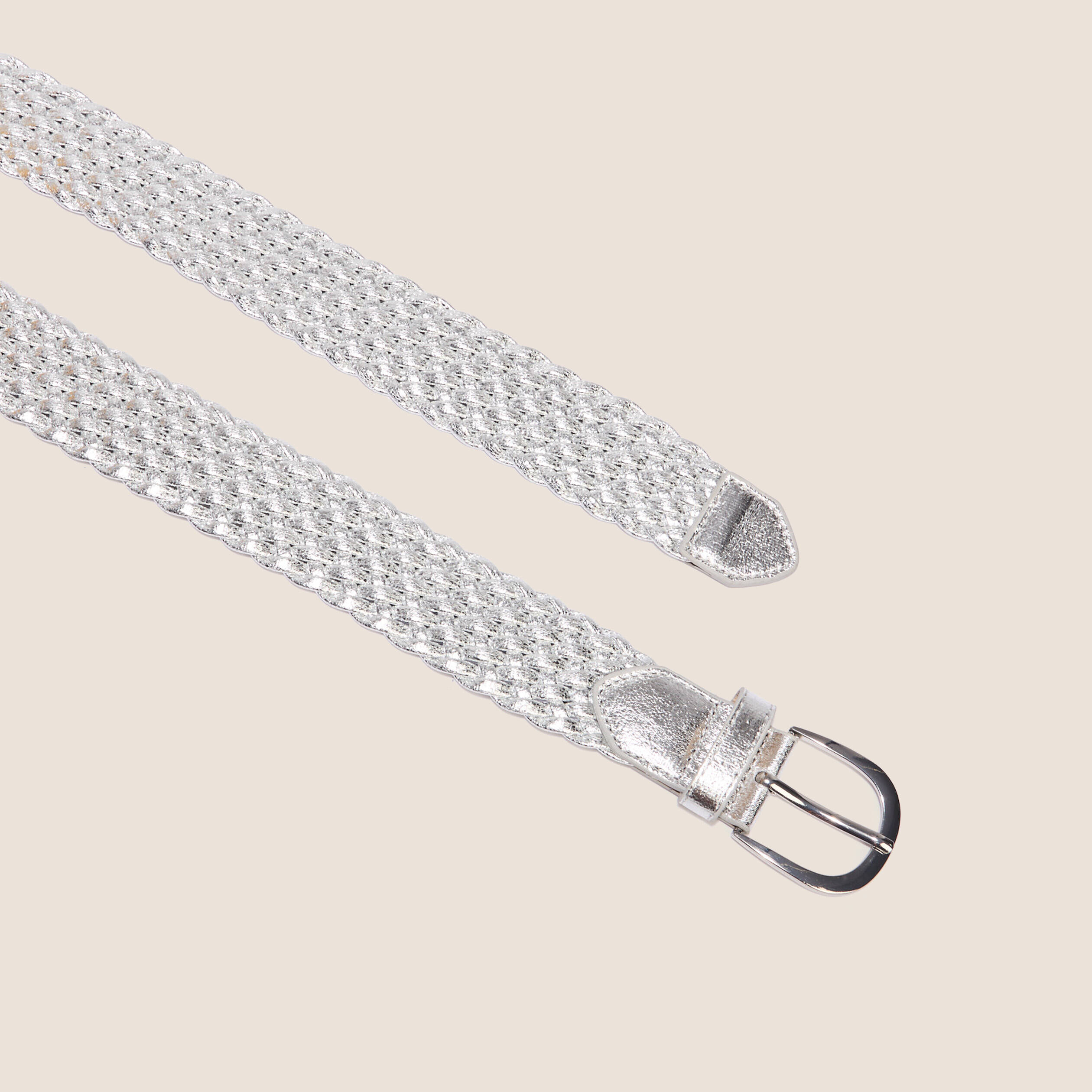 Ceinture tressée métalissée gris clair femme