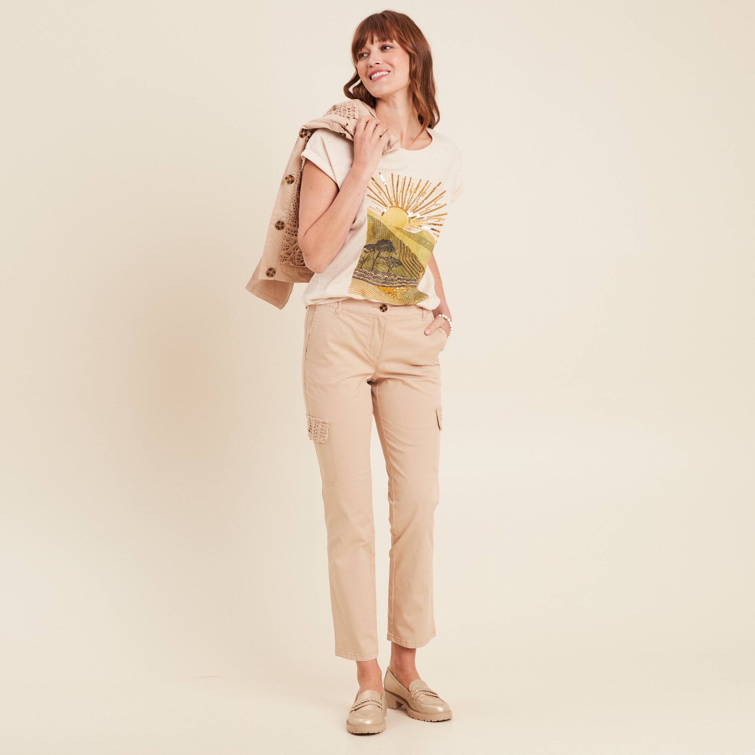 t shirt manches courtes perles sable femme T-shirt manches courtes perles sable femme