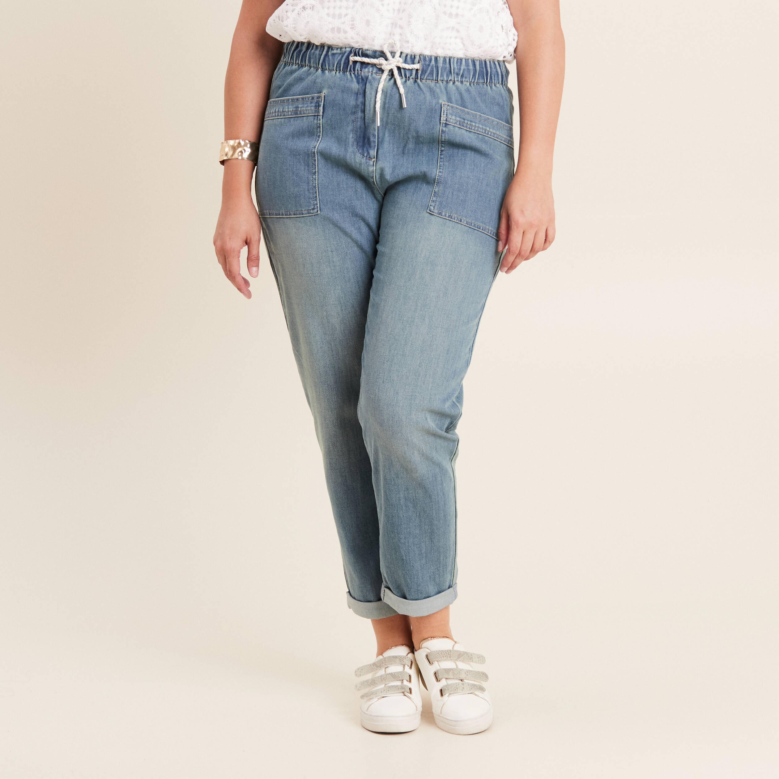 Jean large à coulisse denim double stone femme