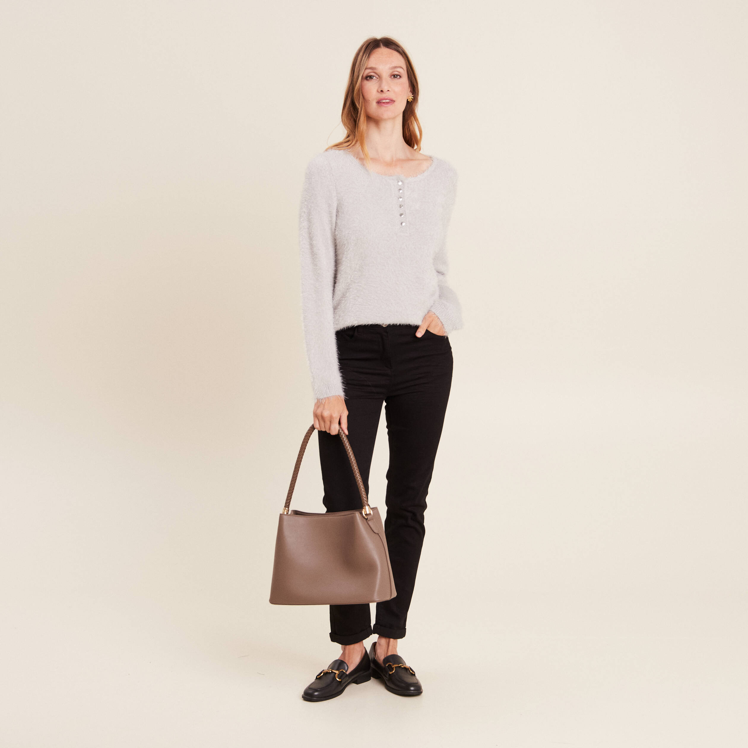 Pull manches longues gris clair femme