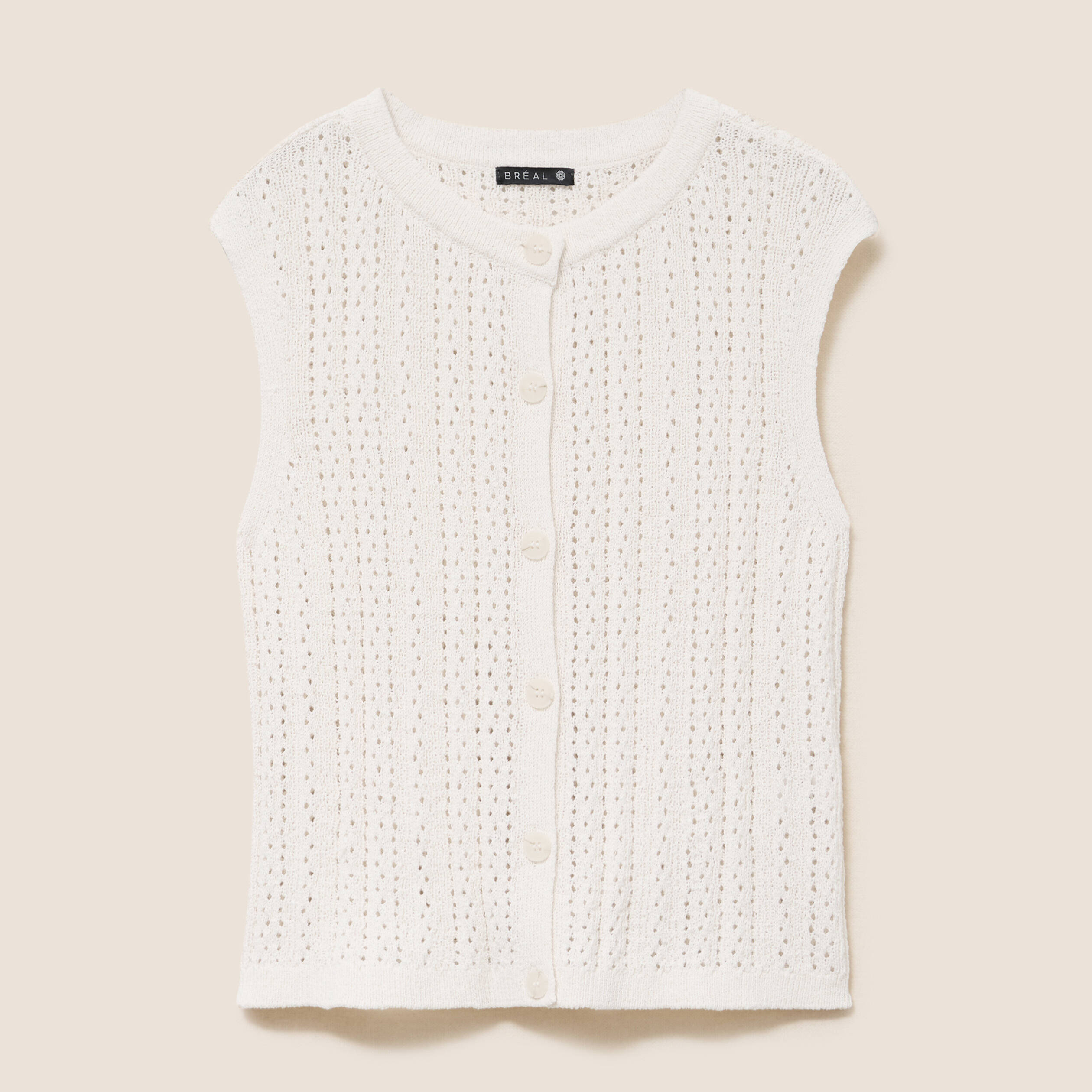 Gilet ajour&eacute; droit court col rond ecru femme