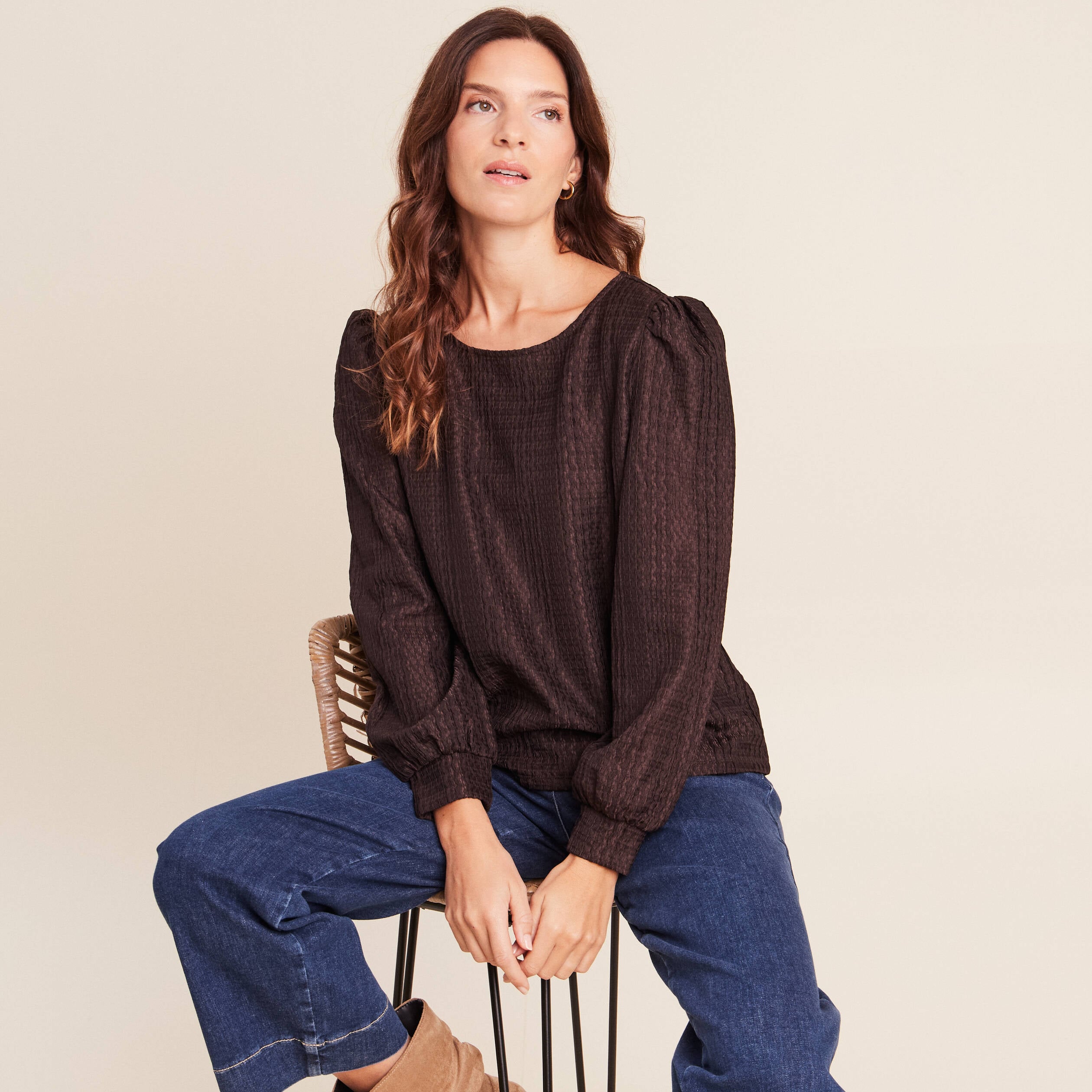 Blouse manches longues marron fonc&eacute; femme