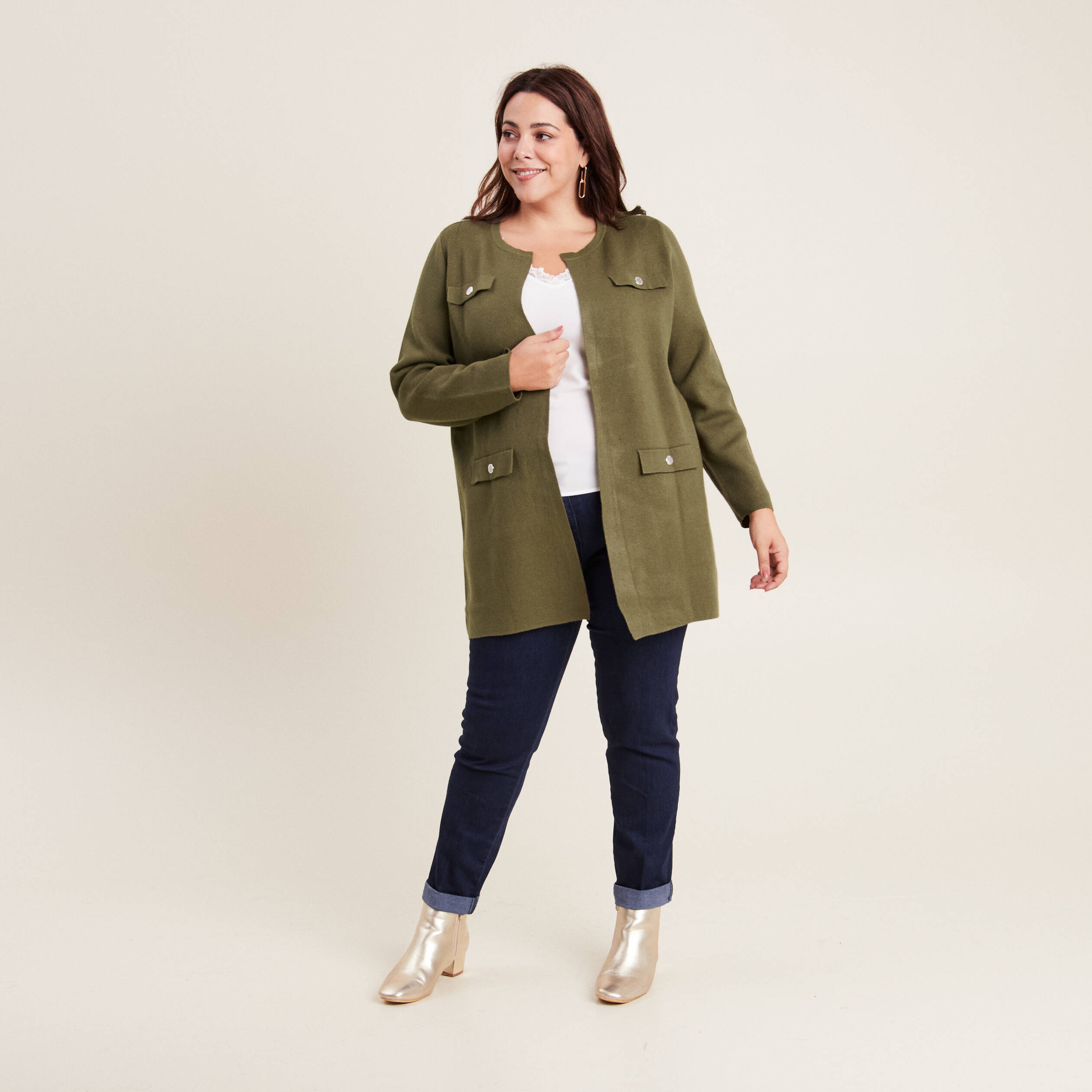 Gilet manches longues vert kaki femme