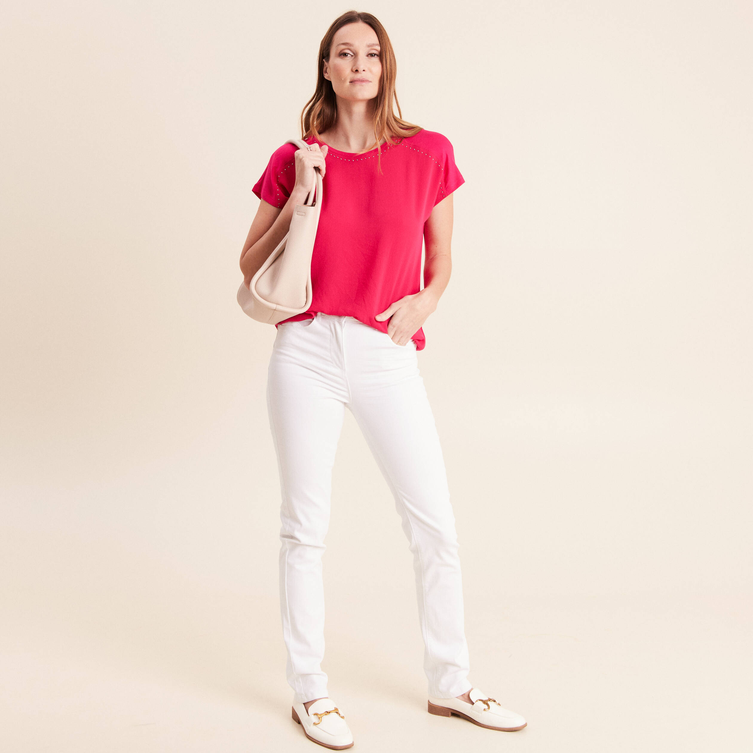 T-shirt bi-mati&egrave;re manches courtes rose fushia femme