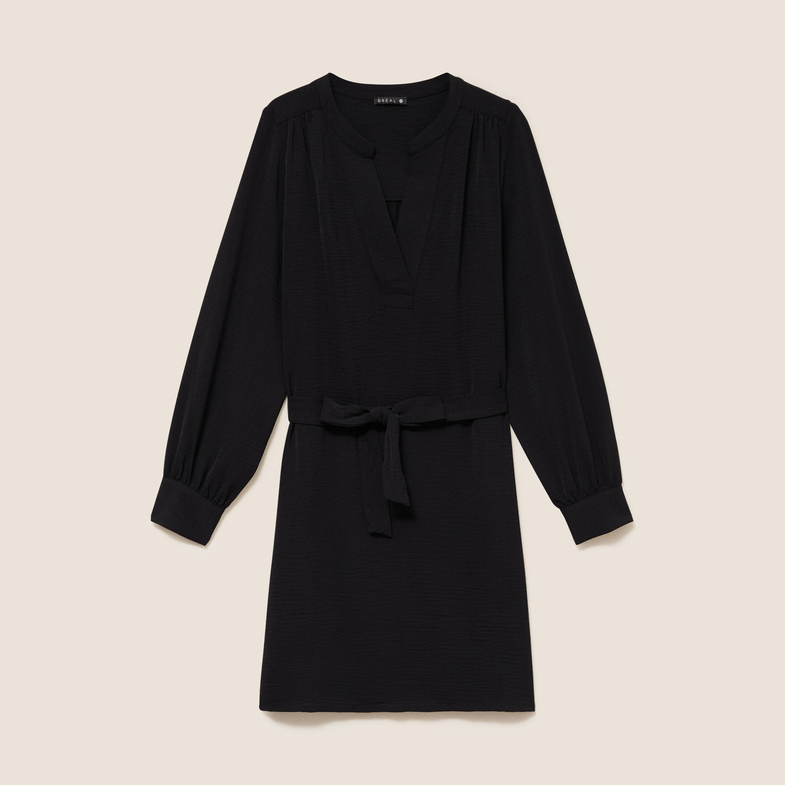 Robe droite courte col v manches longues noir femme