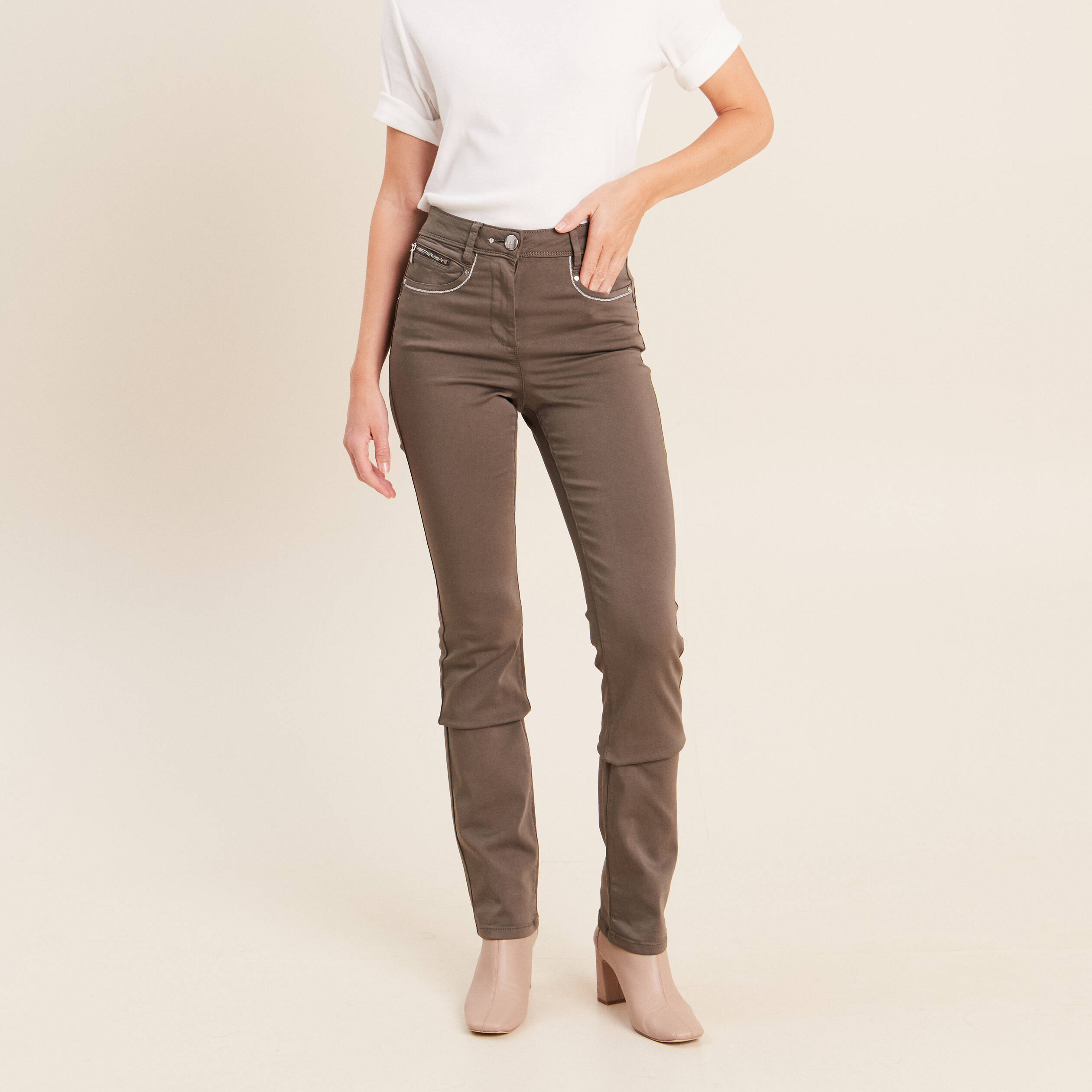 Pantalon droit taille haute vert kaki femme