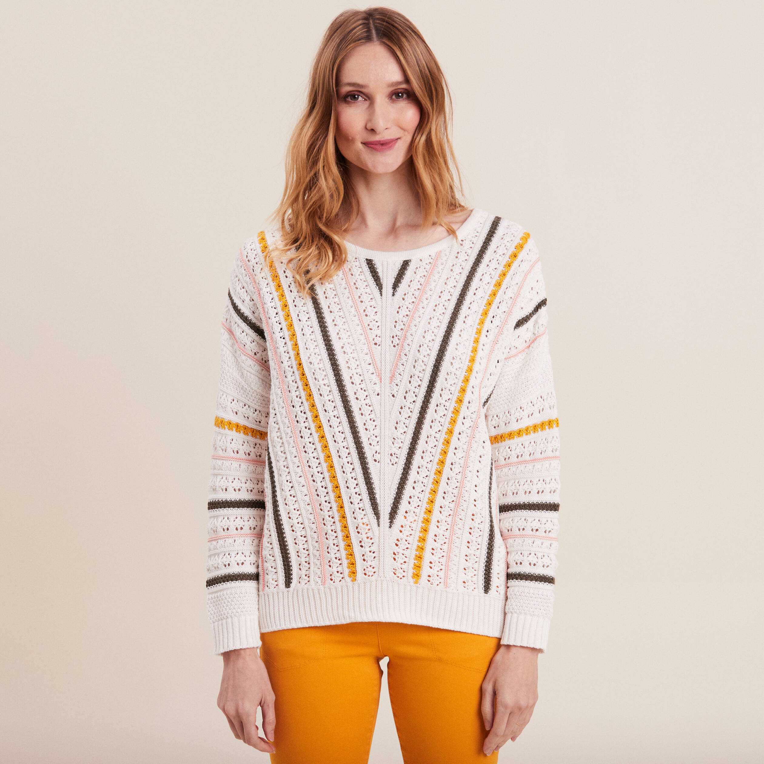 Pull manches longues ajouré beige femme