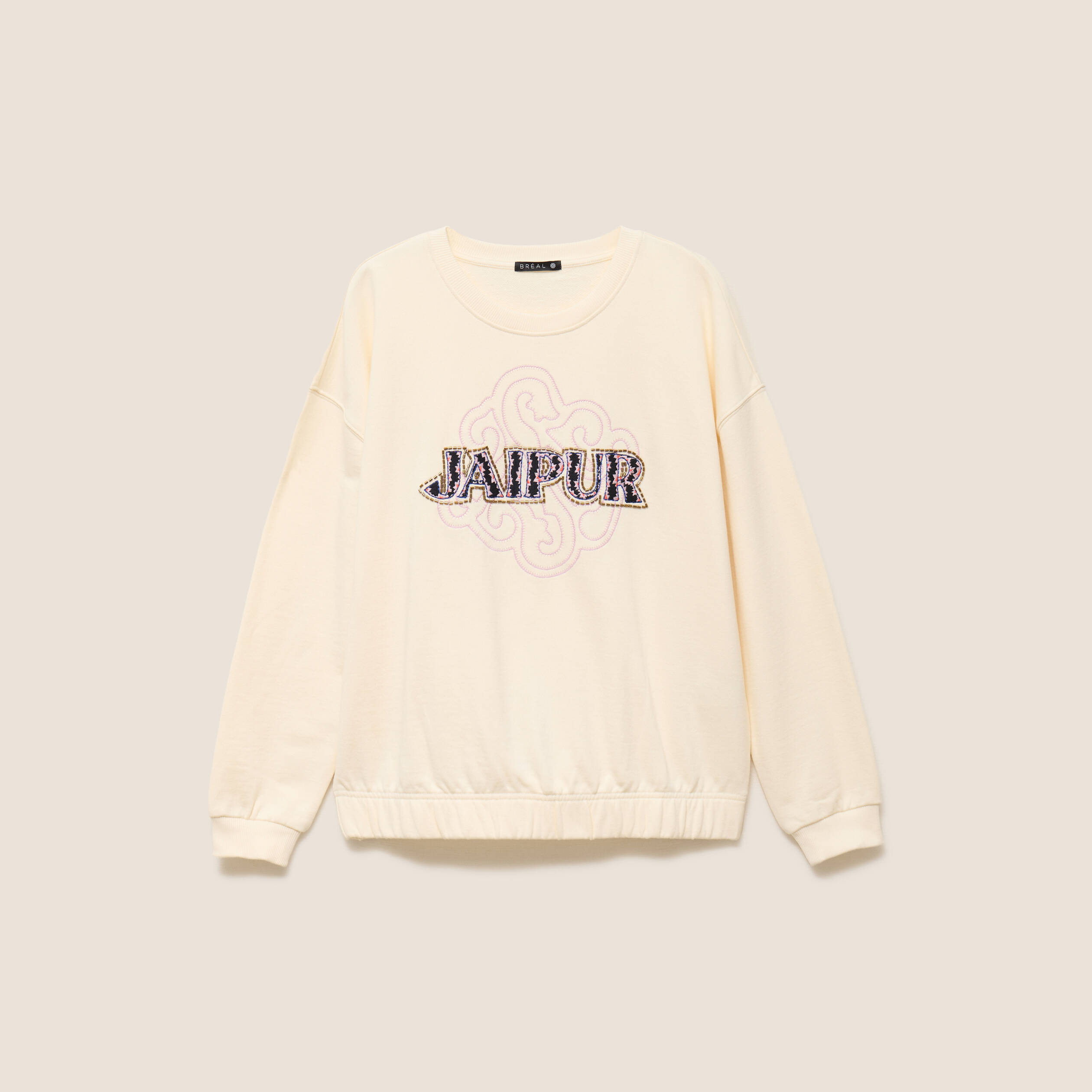 Sweat col rond broderie manches longues ecru femme