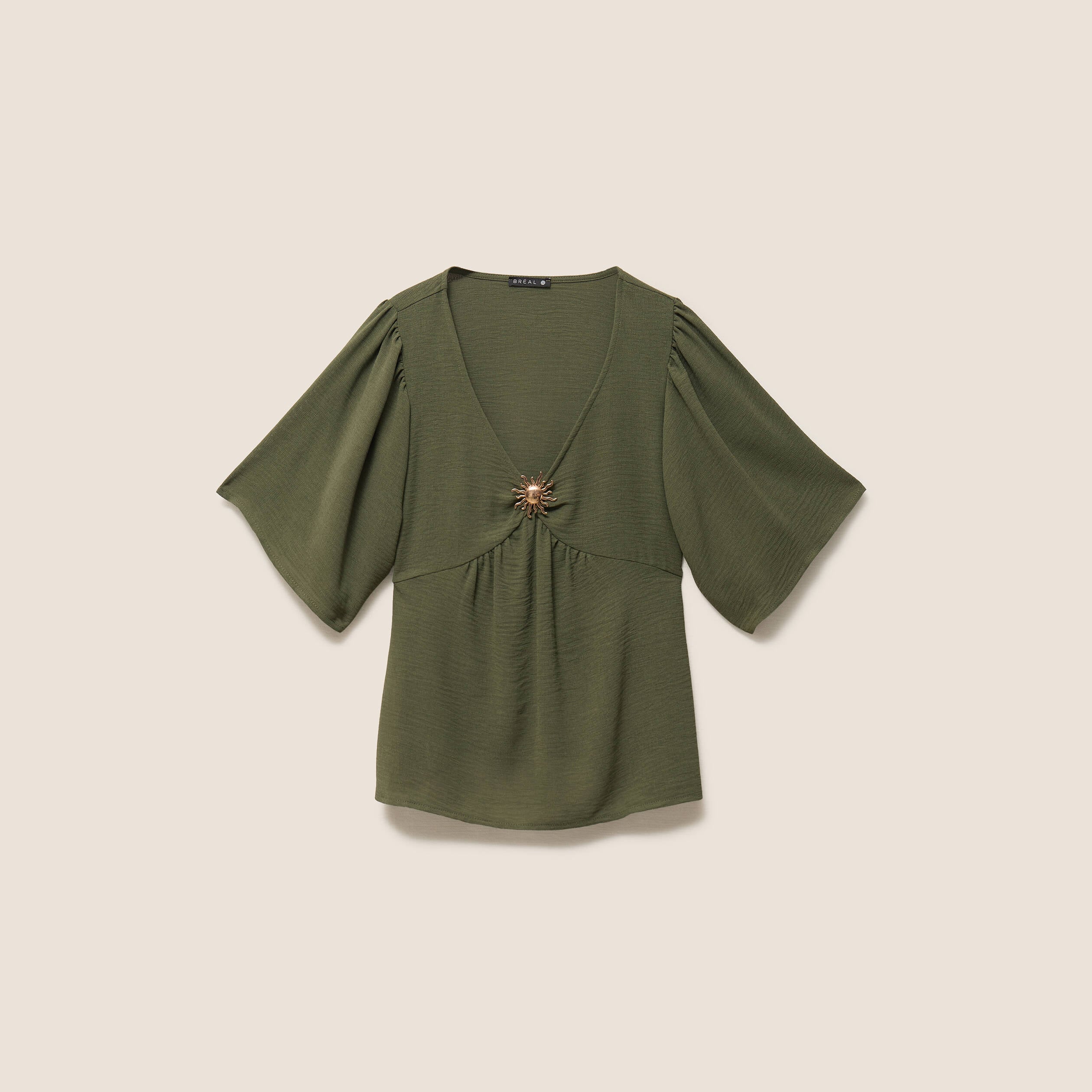 Blouse ample col v manches courtes vert kaki femme