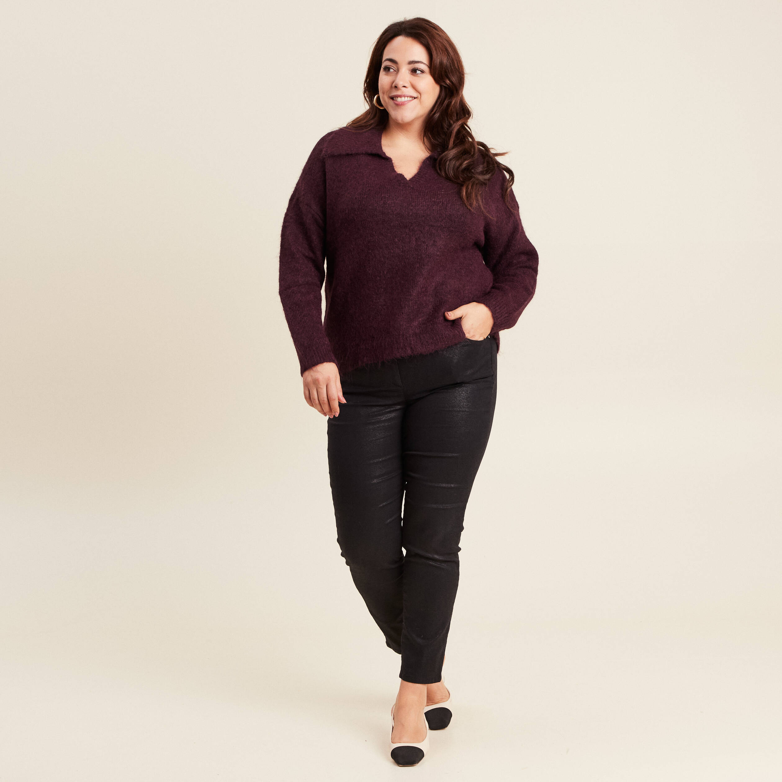 pull manches longues col polo bordeaux femme Pull manches longues col polo bordeaux femme