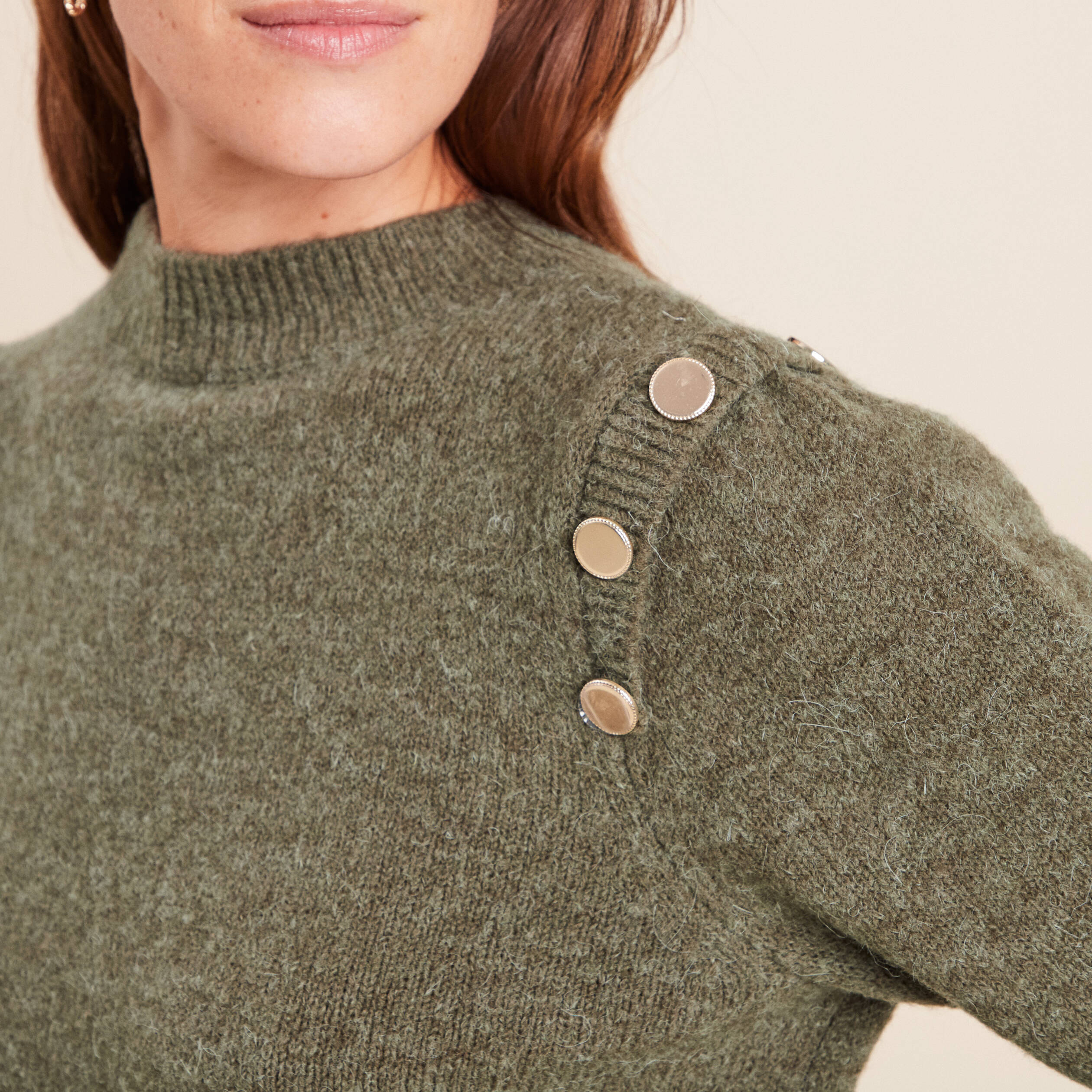 Pull col rond manches longues vert kaki femme
